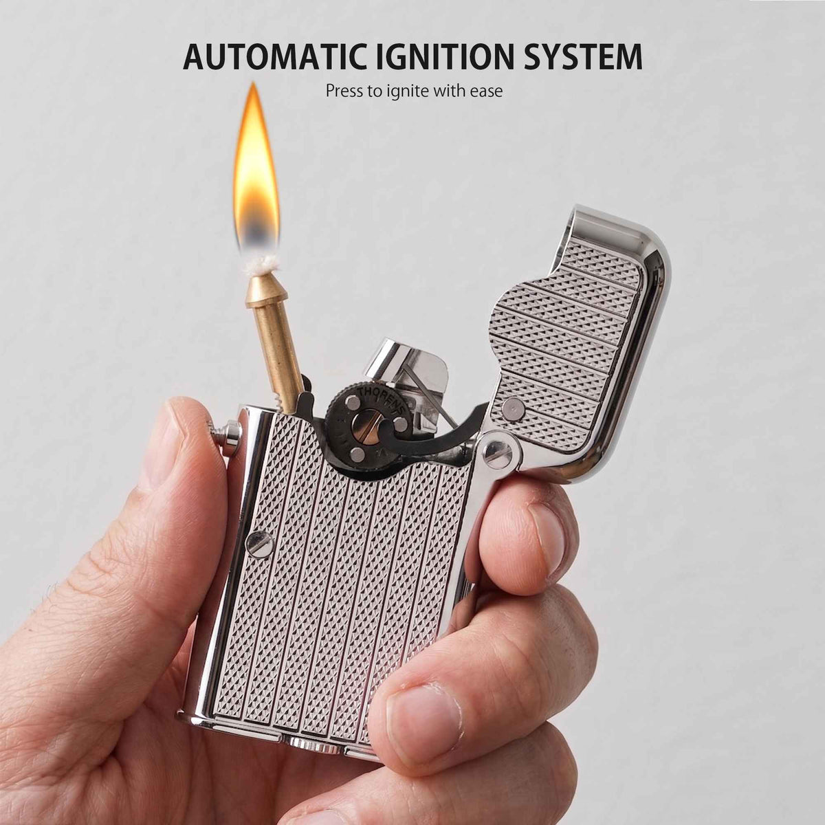 THORENS Gen 7 - Single Claw - TELEFLAM - Fluted Silver lighter with automatic ignition system and precision-engineered mechanical sequence.