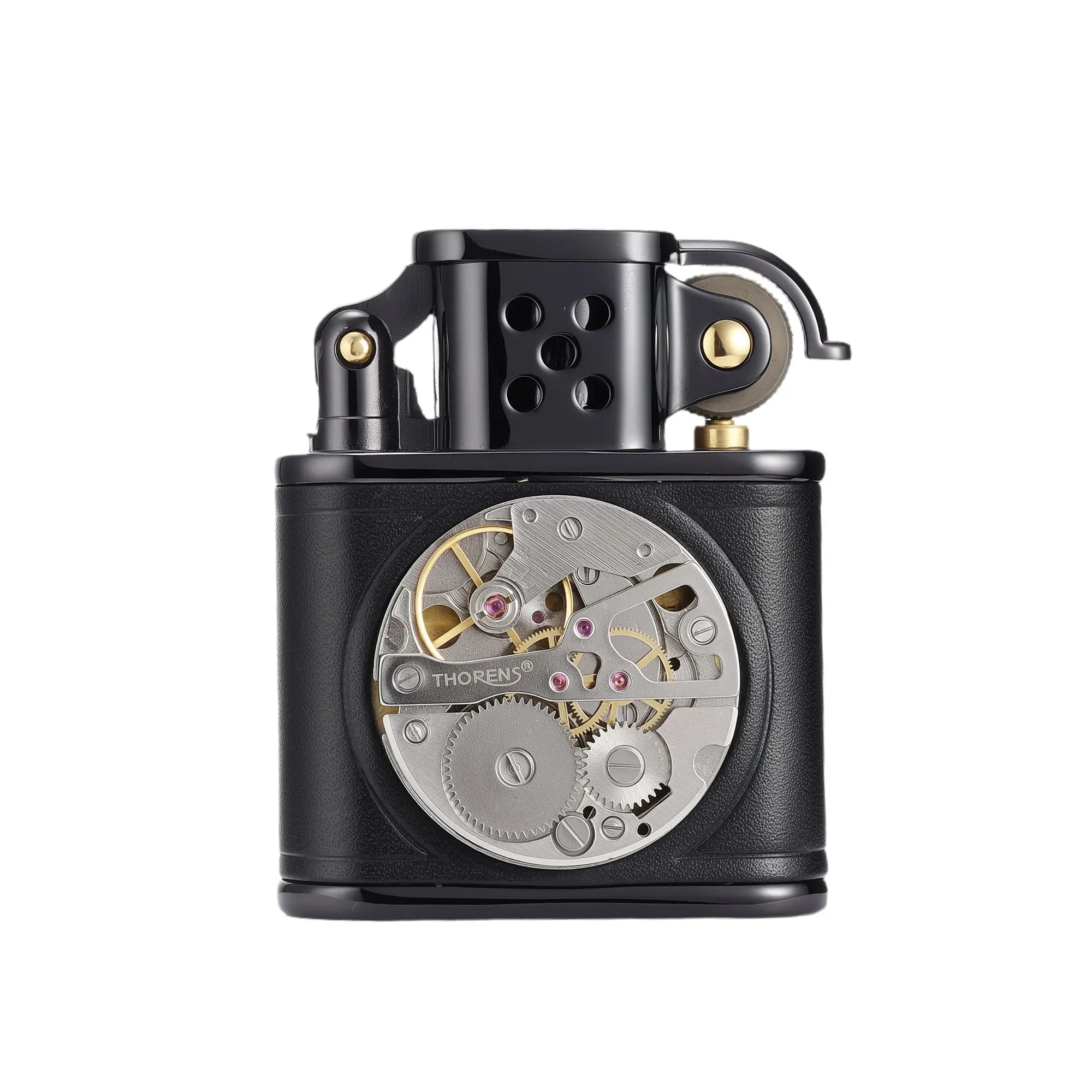 Handmade Cowhide Lighter -  Inlaid Mechanical Movement - Black THORENS