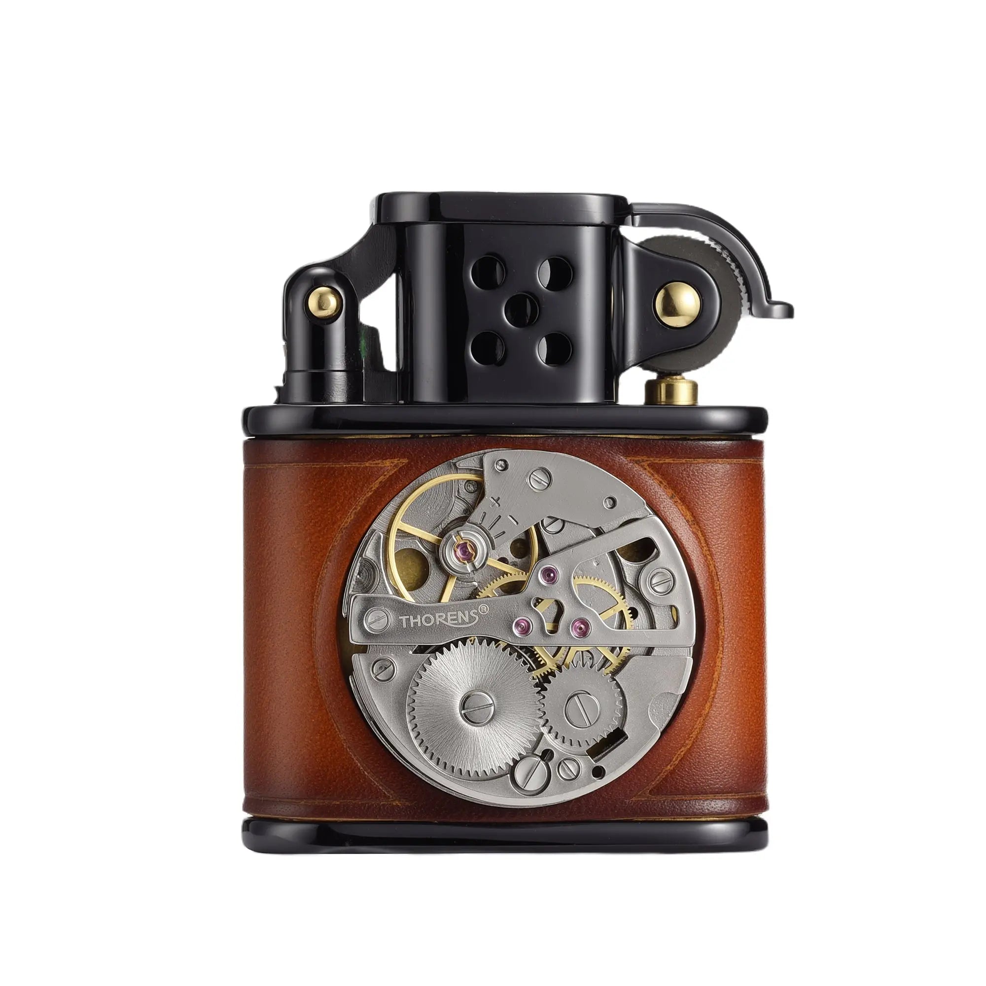 Handmade Cowhide Lighter - Inlaid Mechanical Movement - Brown And Black Color THORENS