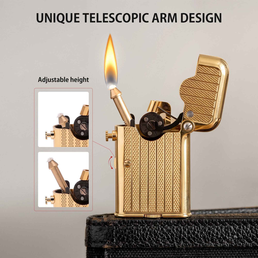 THORENS Gen 7 - Single Claw - TELEFLAM - Fluted Gold lighter featuring a precision-engineered telescopic arm for adjustable flame height.