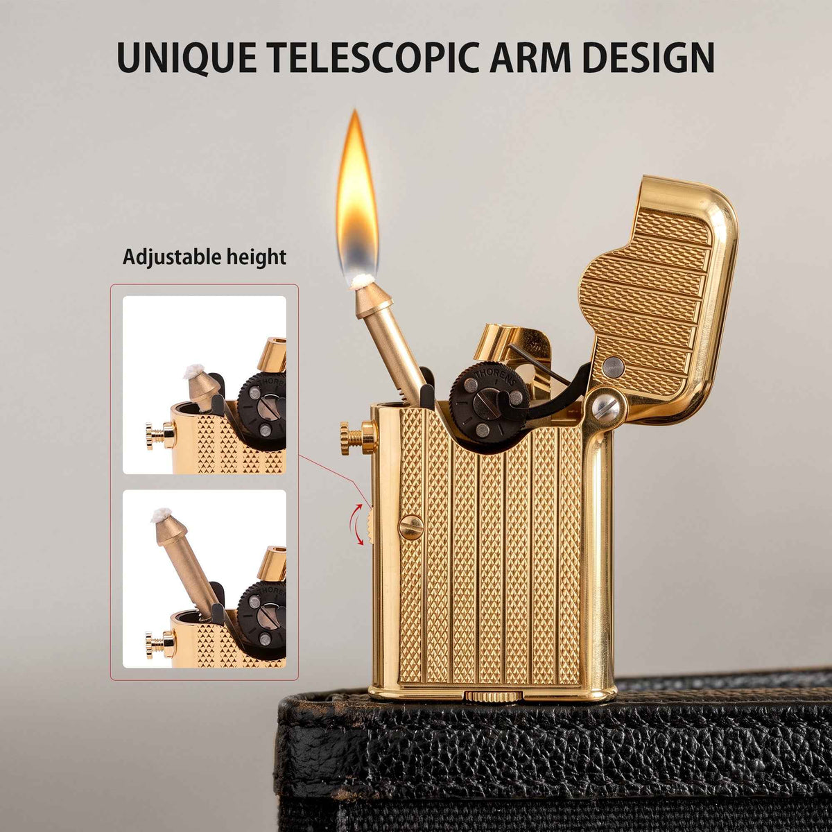 THORENS Gen 7 - Single Claw - TELEFLAM - Fluted Gold lighter featuring a precision-engineered telescopic arm for adjustable flame height.