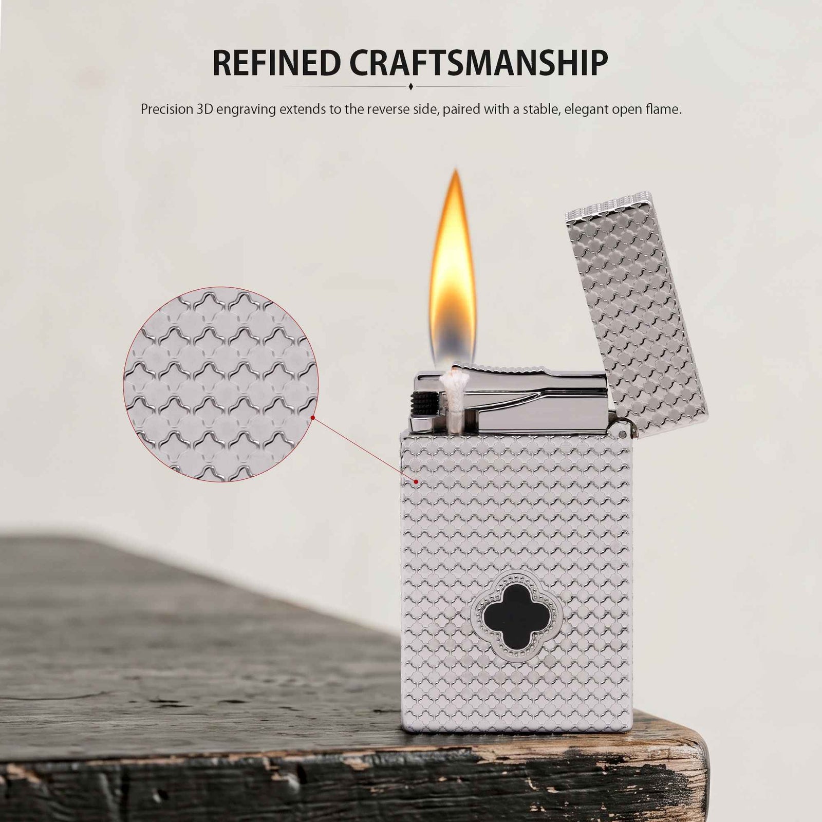 THORENS Clover Monogram Silver – Onyx Clover lighter featuring precision 3D engraving and a mechanical ignition producing a stable flame.