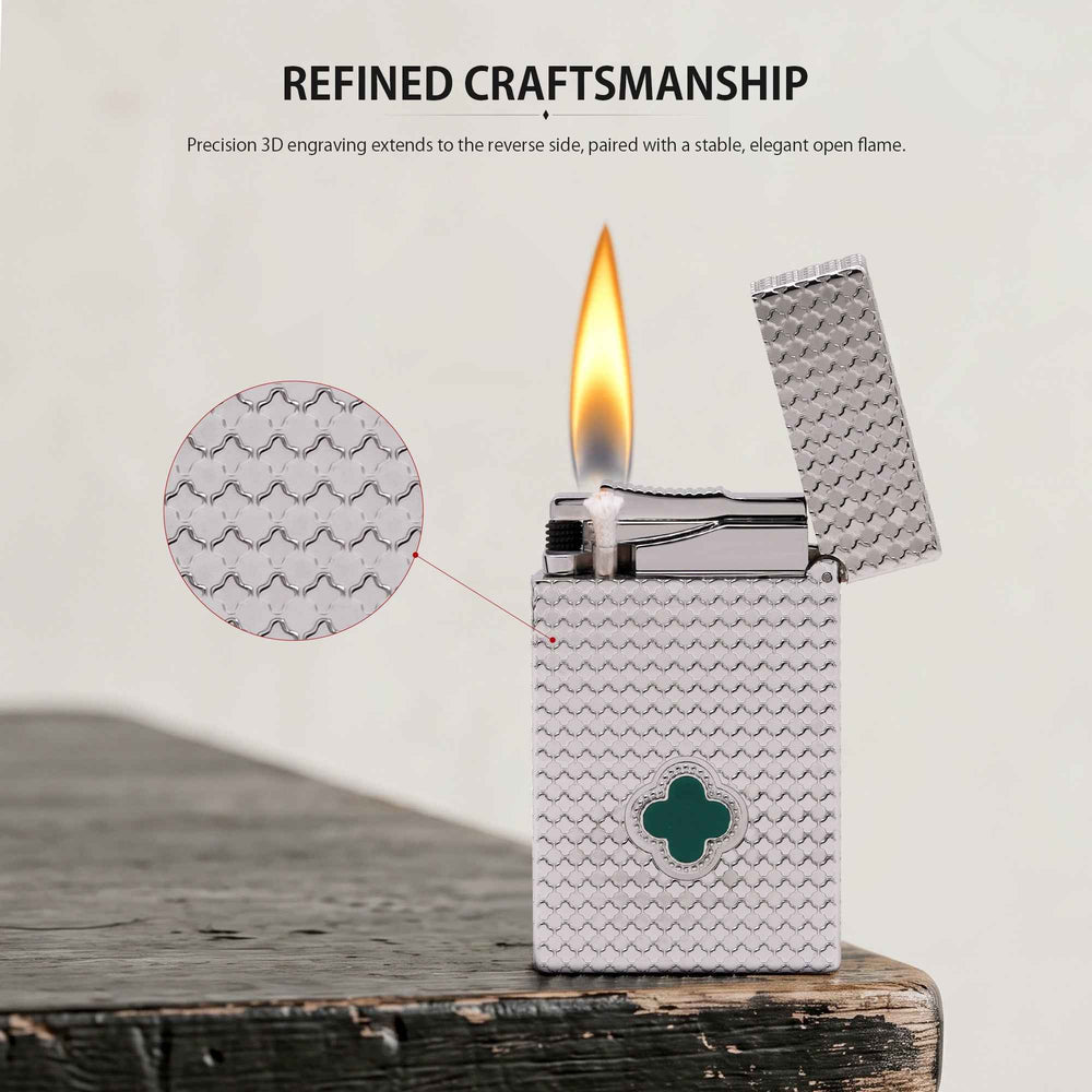 THORENS Clover Monogram Silver – Emerald Clover lighter with precision 3D engraving, emerald inlay, and a stable open flame.