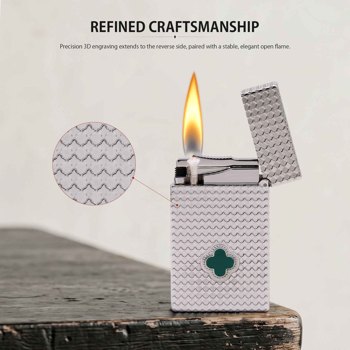 THORENS Clover Monogram Silver – Emerald Clover lighter with precision 3D engraving, emerald inlay, and a stable open flame.