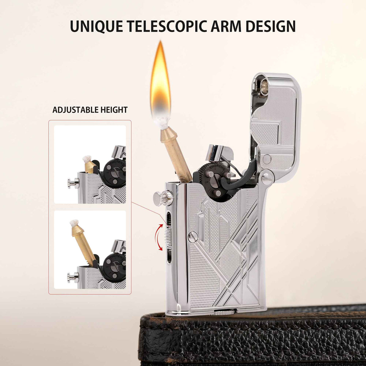 THORENS Gen 7 - Single Claw - TELEFLAM - Silver Metropolis featuring a precision-engineered telescopic arm with adjustable flame height.