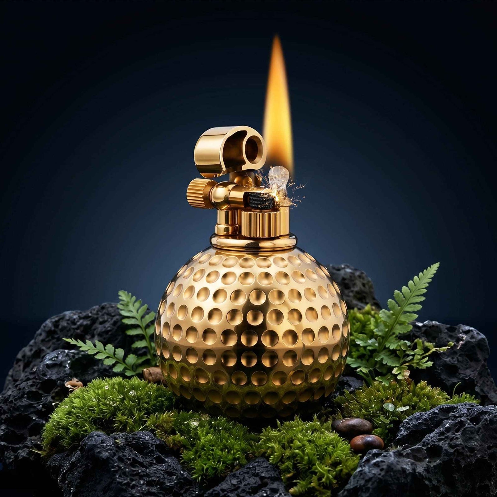 Dimpled Ace solid brass fluid lighter with a golf ball texture and precision-engineered mechanical ignition producing a steady flame.