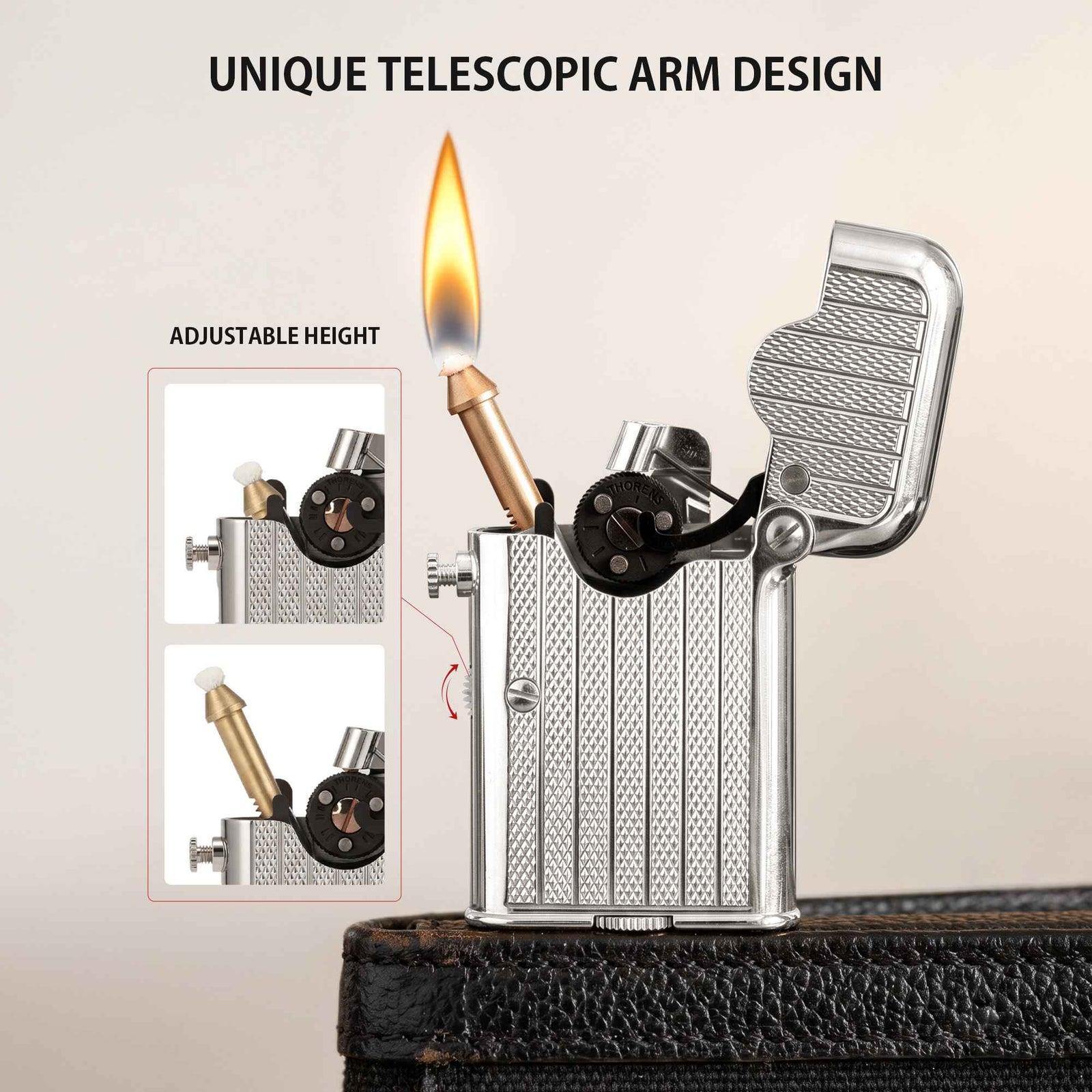 THORENS Gen 7 Single Claw TELEFLAM Fluted Silver lighter featuring a unique telescopic arm design and precision-engineered mechanical seque…