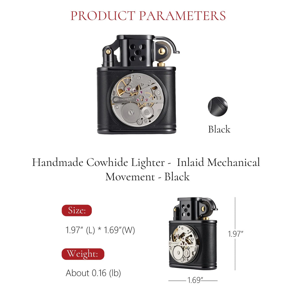 Handmade Cowhide Lighter -  Inlaid Mechanical Movement - Black THORENS