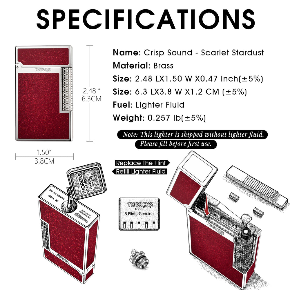 Thorens Scarlet Stardust fluid lighter in solid brass featuring a red glitter finish and precision-engineered mechanical components.