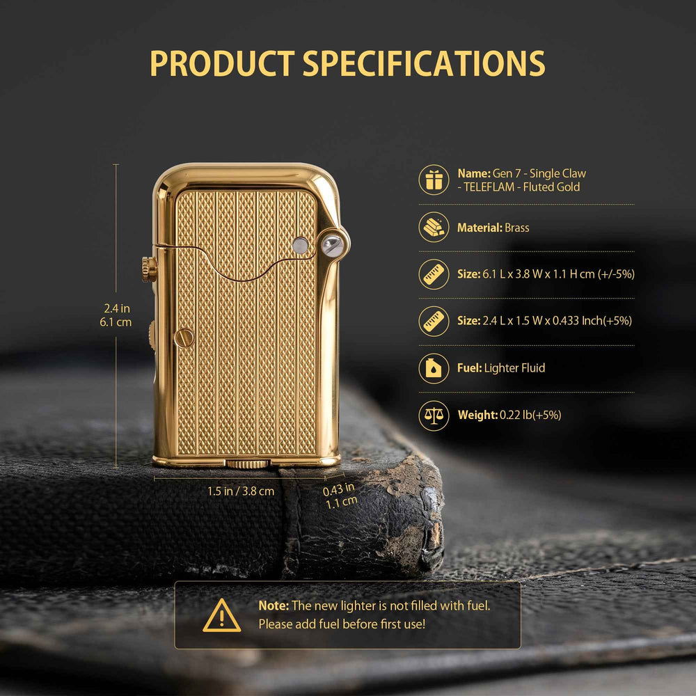 THORENS Gen 7 - Single Claw - TELEFLAM - Fluted Gold lighter in solid brass with a precision-engineered mechanical ignition system.
