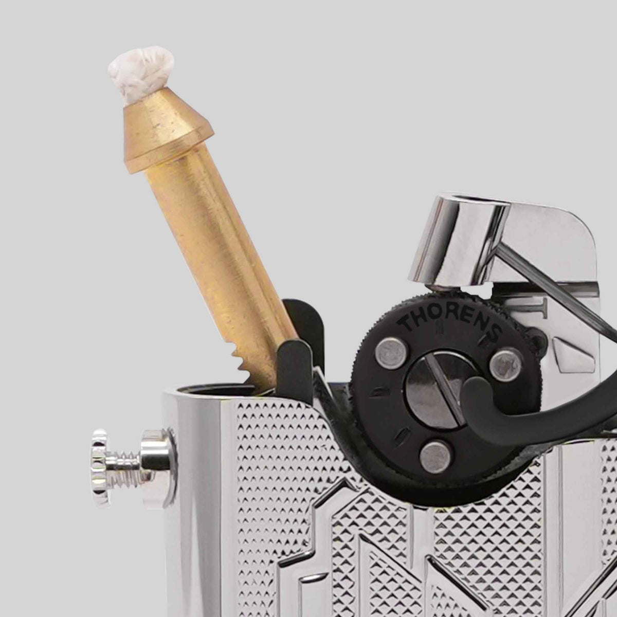 THORENS Gen 7 - Single Claw - TELEFLAM - Silver Metropolis featuring a telescopic arm for precise pipe lighting and Art Deco engraving.