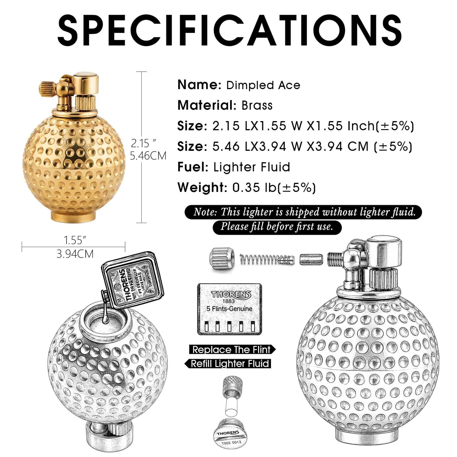 Dimpled Ace solid brass fluid lighter with a golf ball texture, featuring a precision-engineered mechanical ignition and refillable tank.