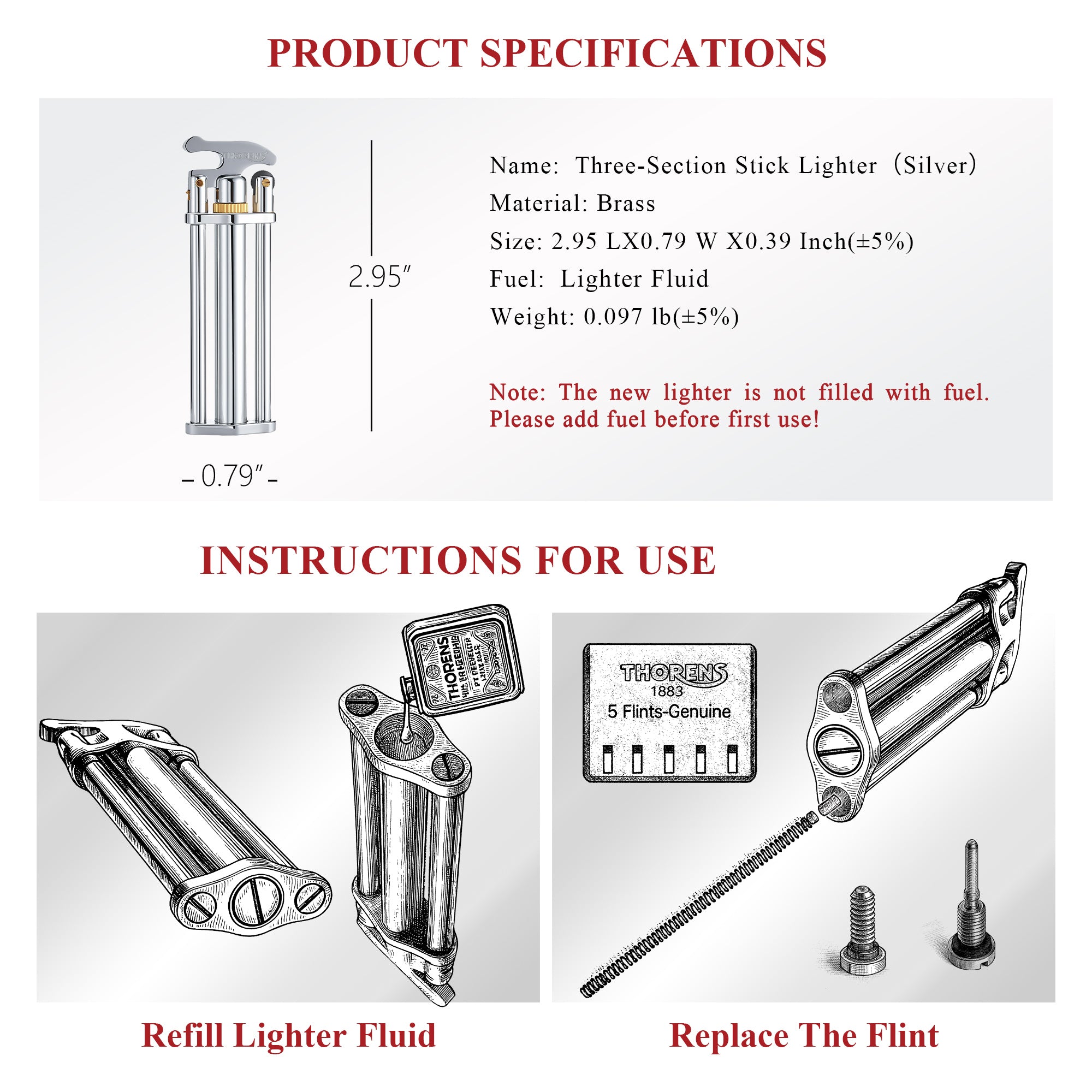 Three-Section Stick Lighter - Silver