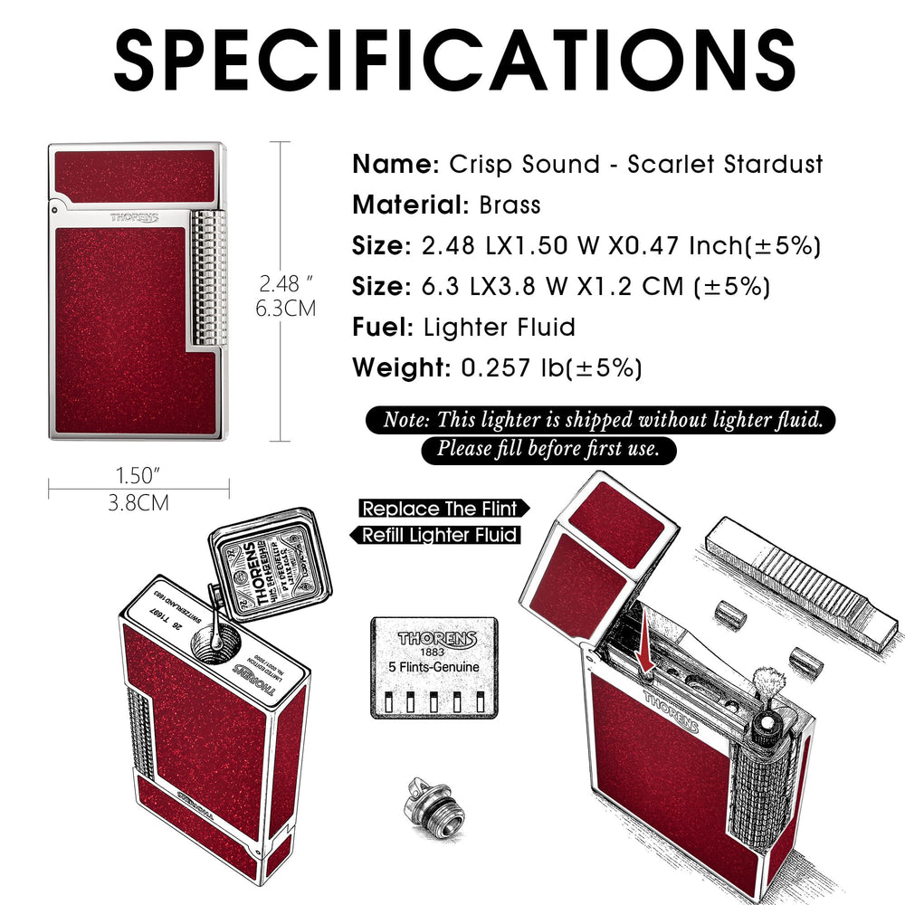 Thorens Scarlet Stardust fluid lighter in solid brass featuring a red glitter finish and precision-engineered mechanical components.