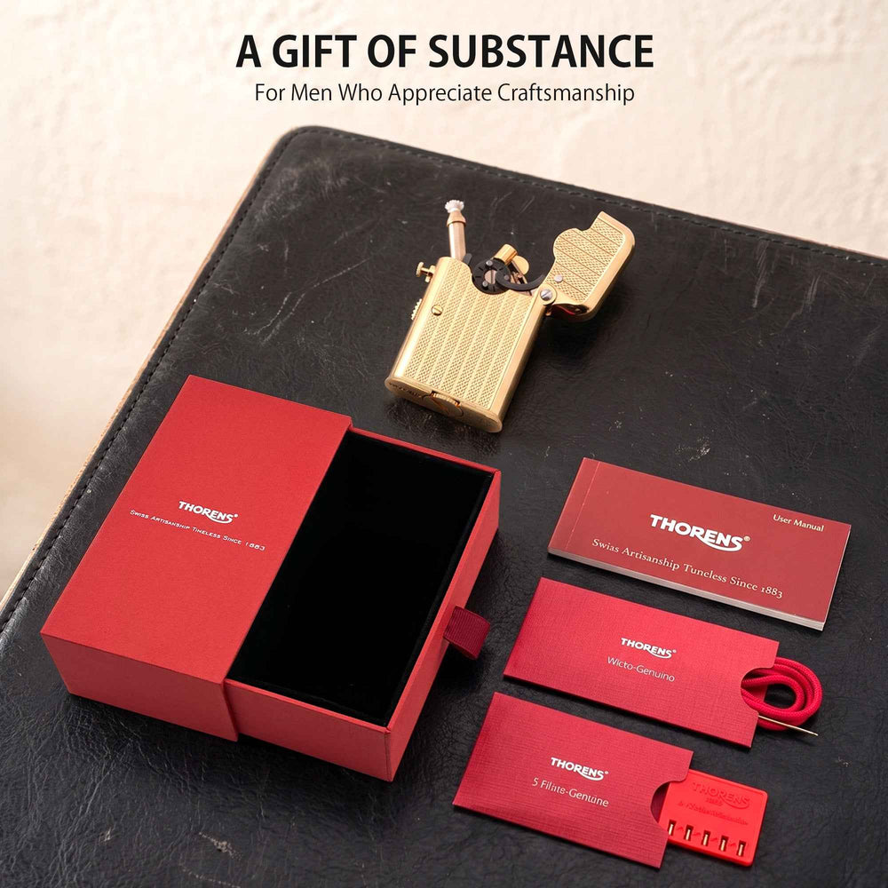 THORENS Gen 7 - Single Claw - TELEFLAM - Fluted Gold lighter with automatic ignition sequence, presented with a red gift box and accessorie…