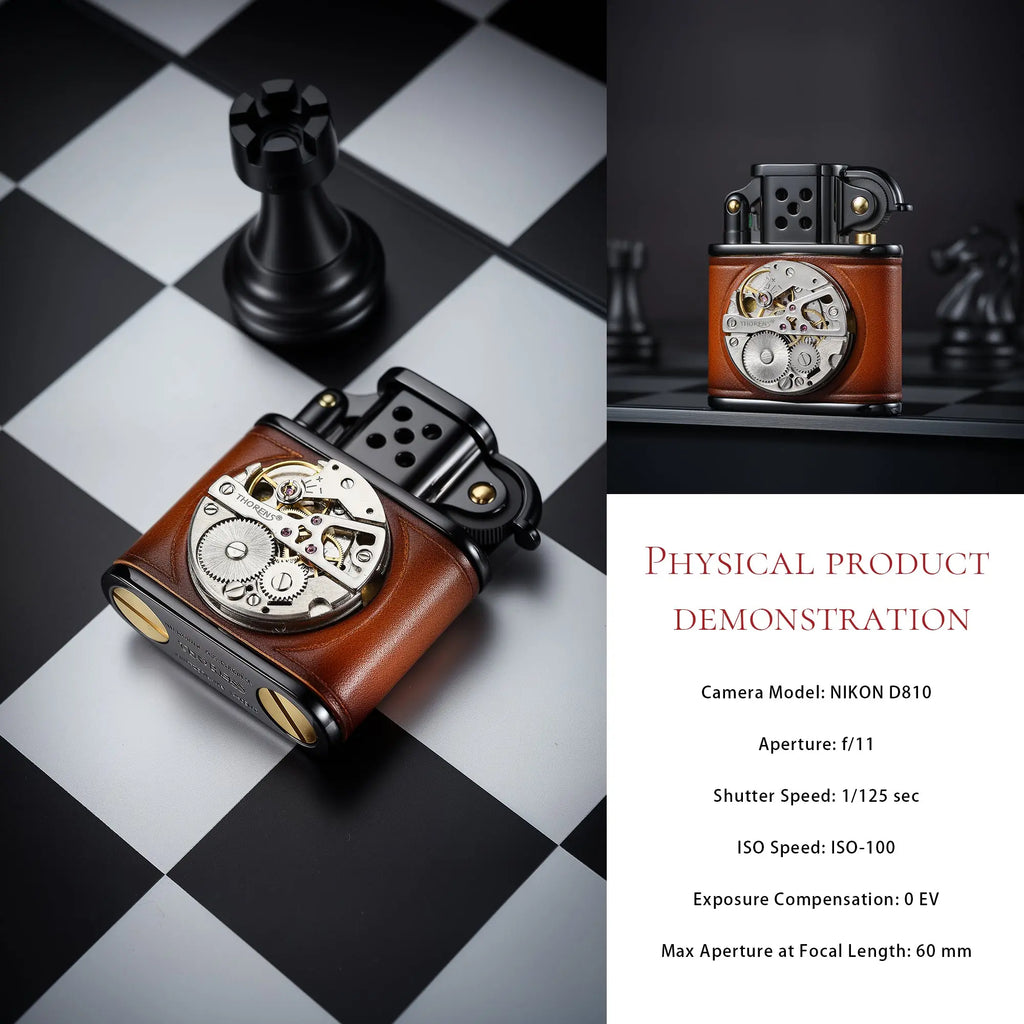 Handmade Cowhide Lighter - Inlaid Mechanical Movement - Brown And Black Color THORENS