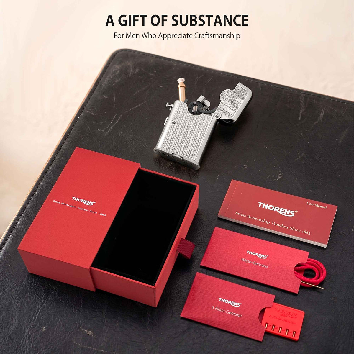 THORENS Gen 7 - Single Claw - TELEFLAM - Fluted Silver lighter with exposed movement, red gift box, and precision-engineered accessories.