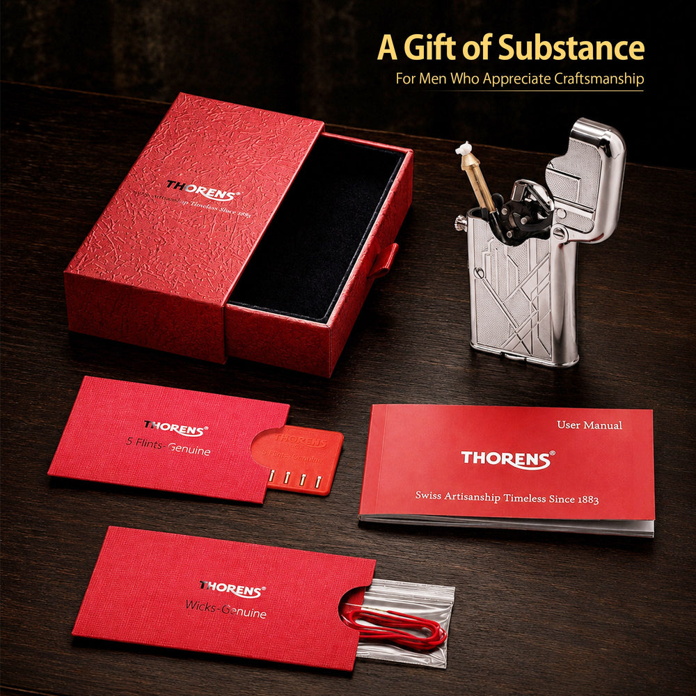 THORENS Gen 7 - Single Claw - TELEFLAM - Silver Metropolis lighter set with red gift box, user manual, genuine flints, and wicks.