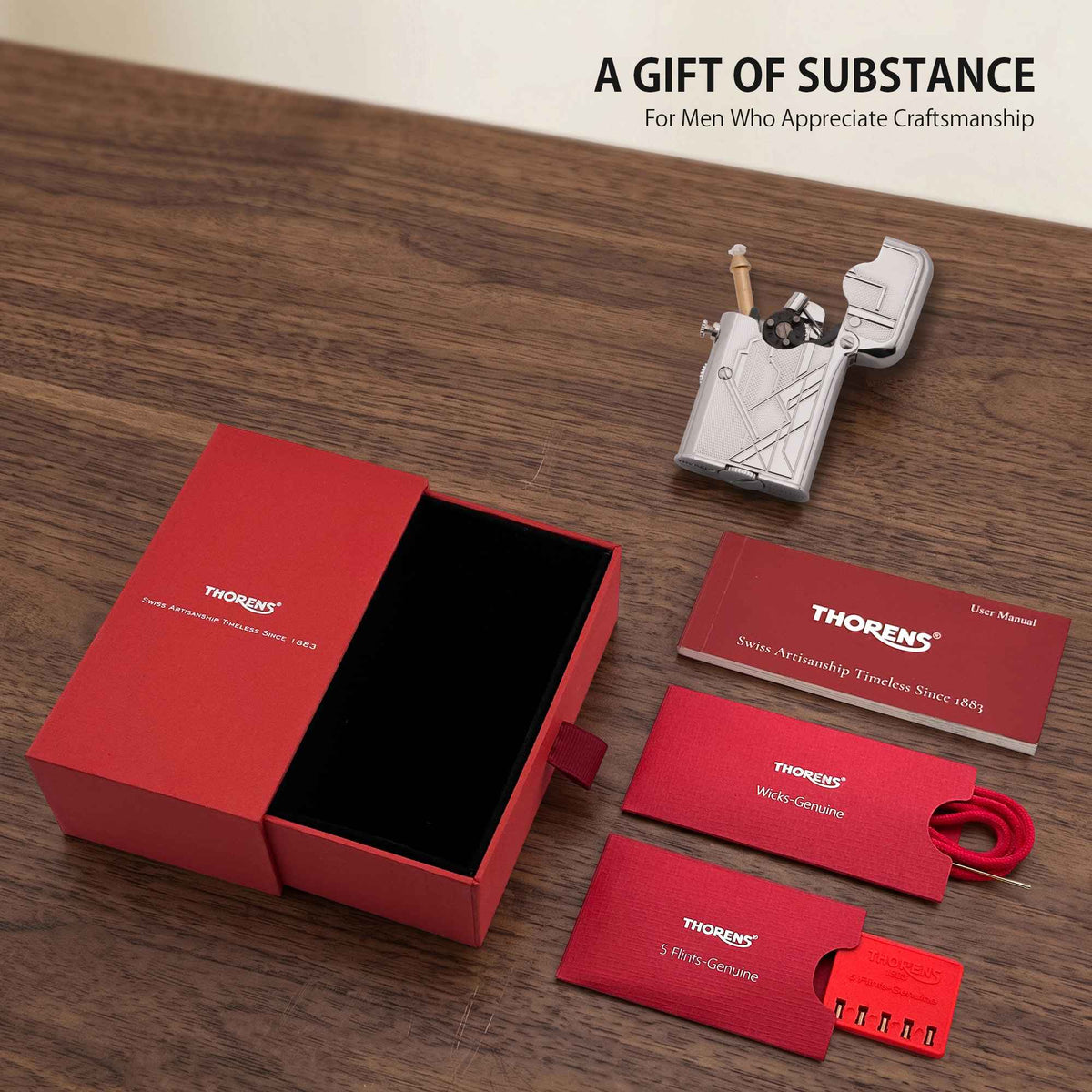 THORENS Gen 7 - Single Claw - TELEFLAM - Silver Metropolis lighter set with red gift box, user manual, genuine flints, and wicks.