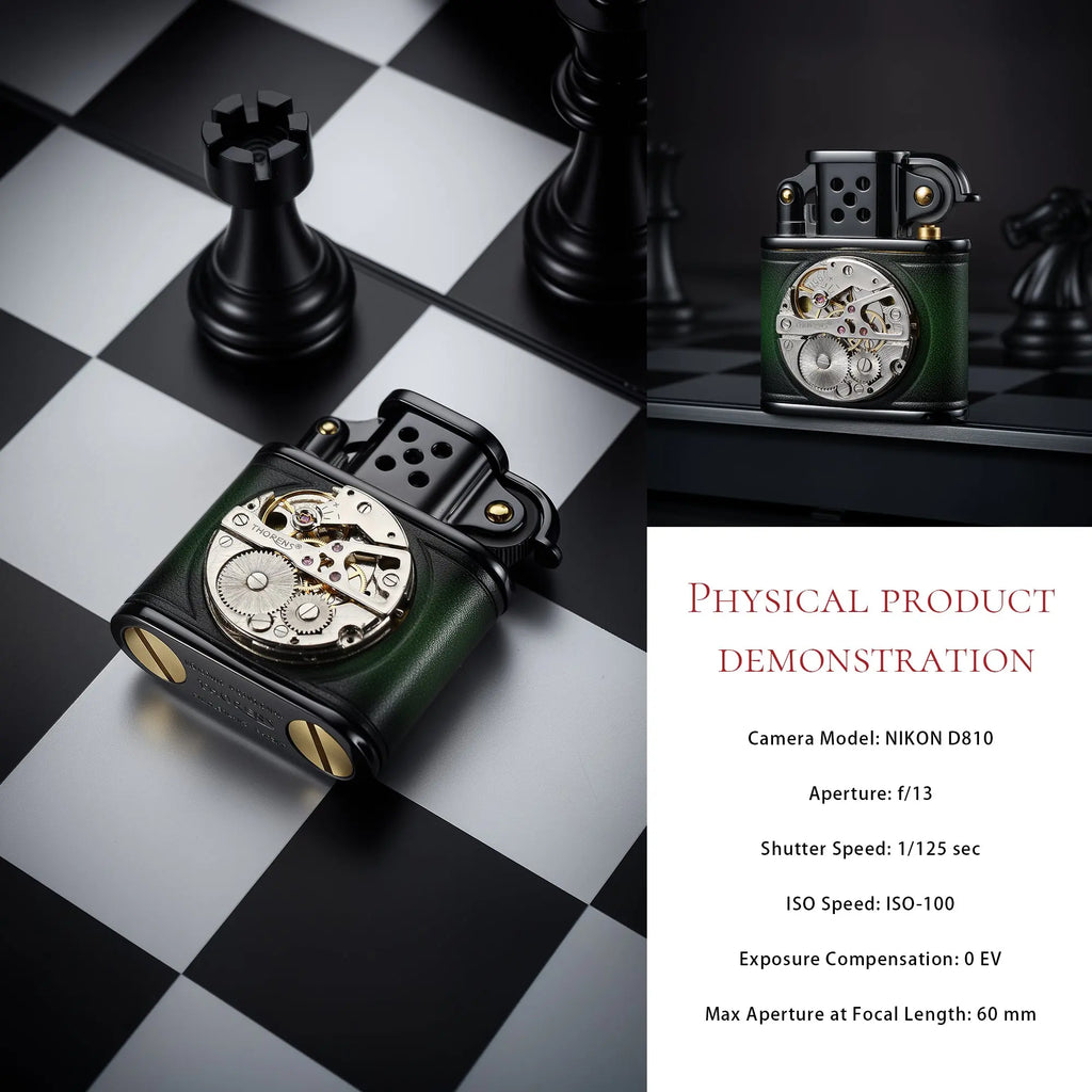 Handmade Cowhide Lighter - Inlaid Mechanical Movement - Green And Black Color THORENS