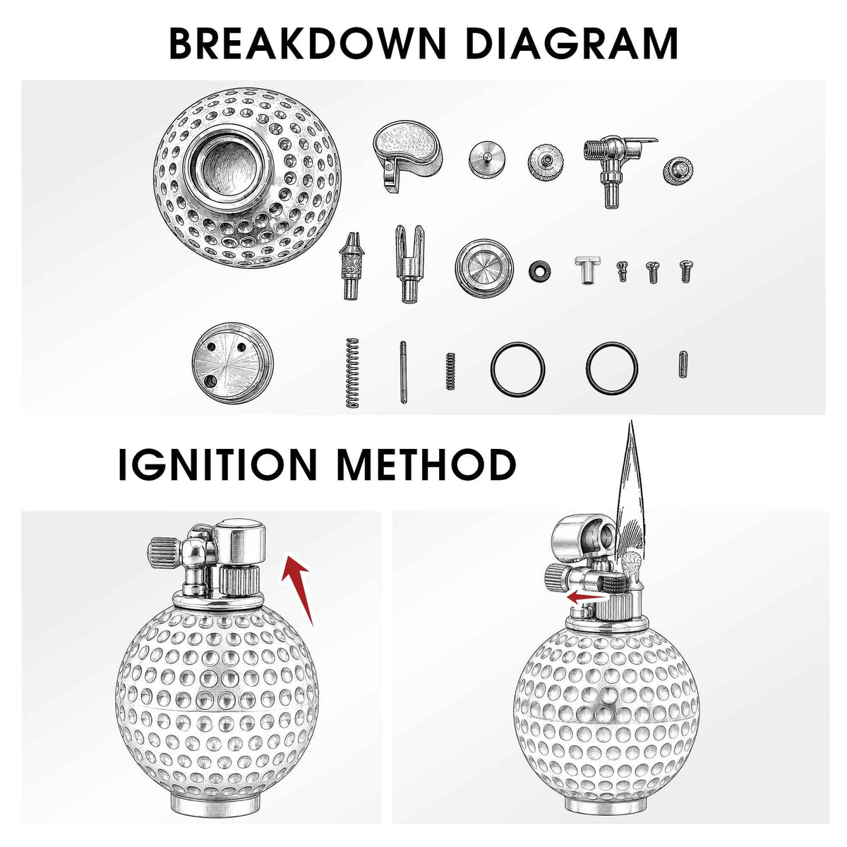 Technical breakdown and ignition diagram of the Dimpled Ace lighter, showing precision-engineered components and mechanical sequence.
