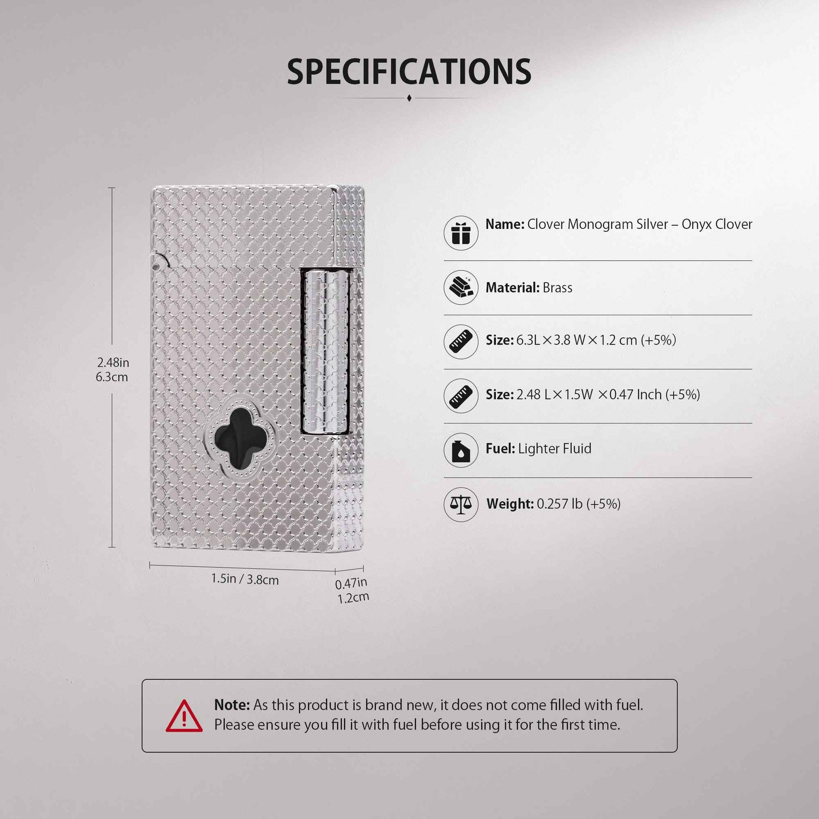 THORENS Clover Monogram Silver – Onyx Clover fluid lighter specifications showing brass construction and precision dimensions.