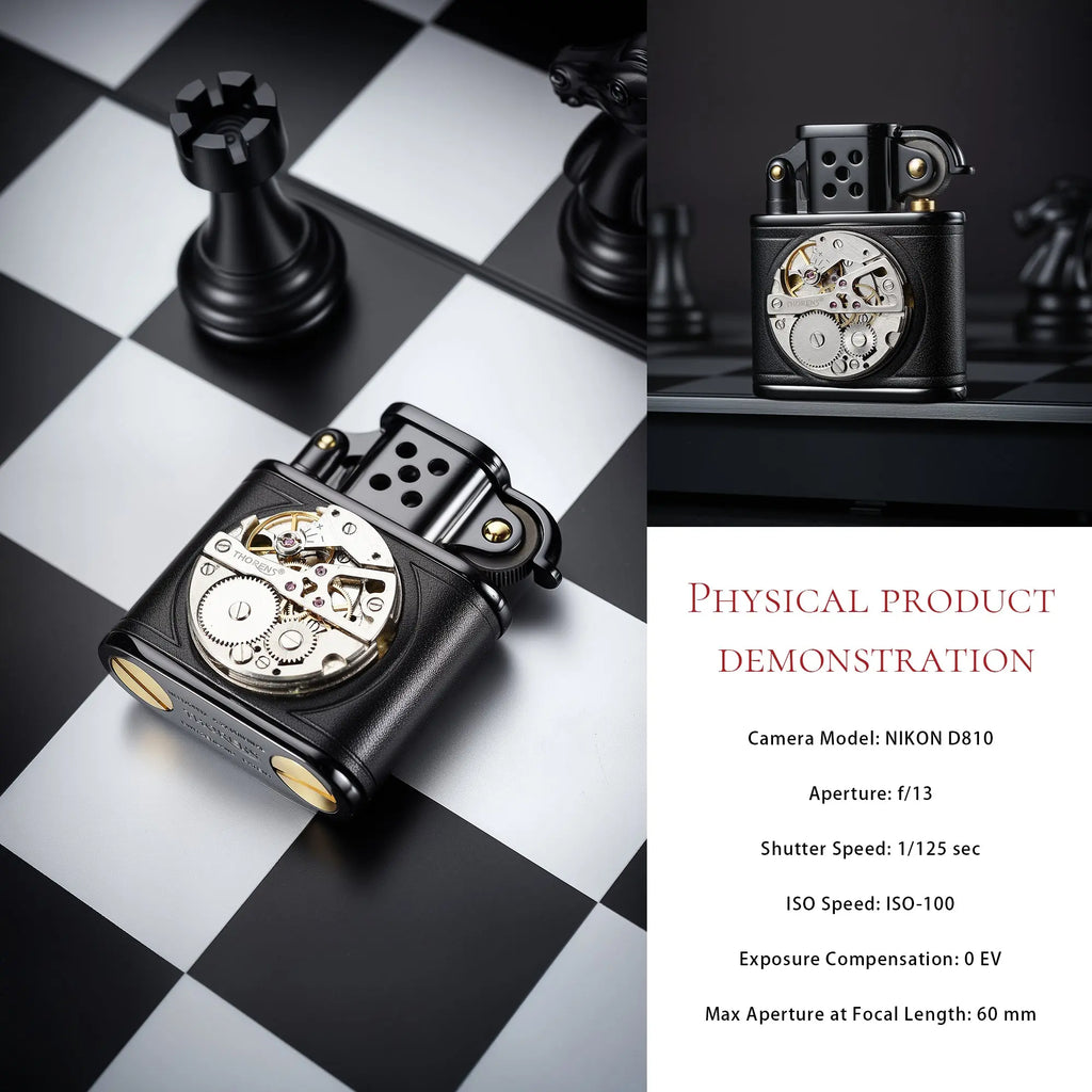 Handmade Cowhide Lighter -  Inlaid Mechanical Movement - Black THORENS