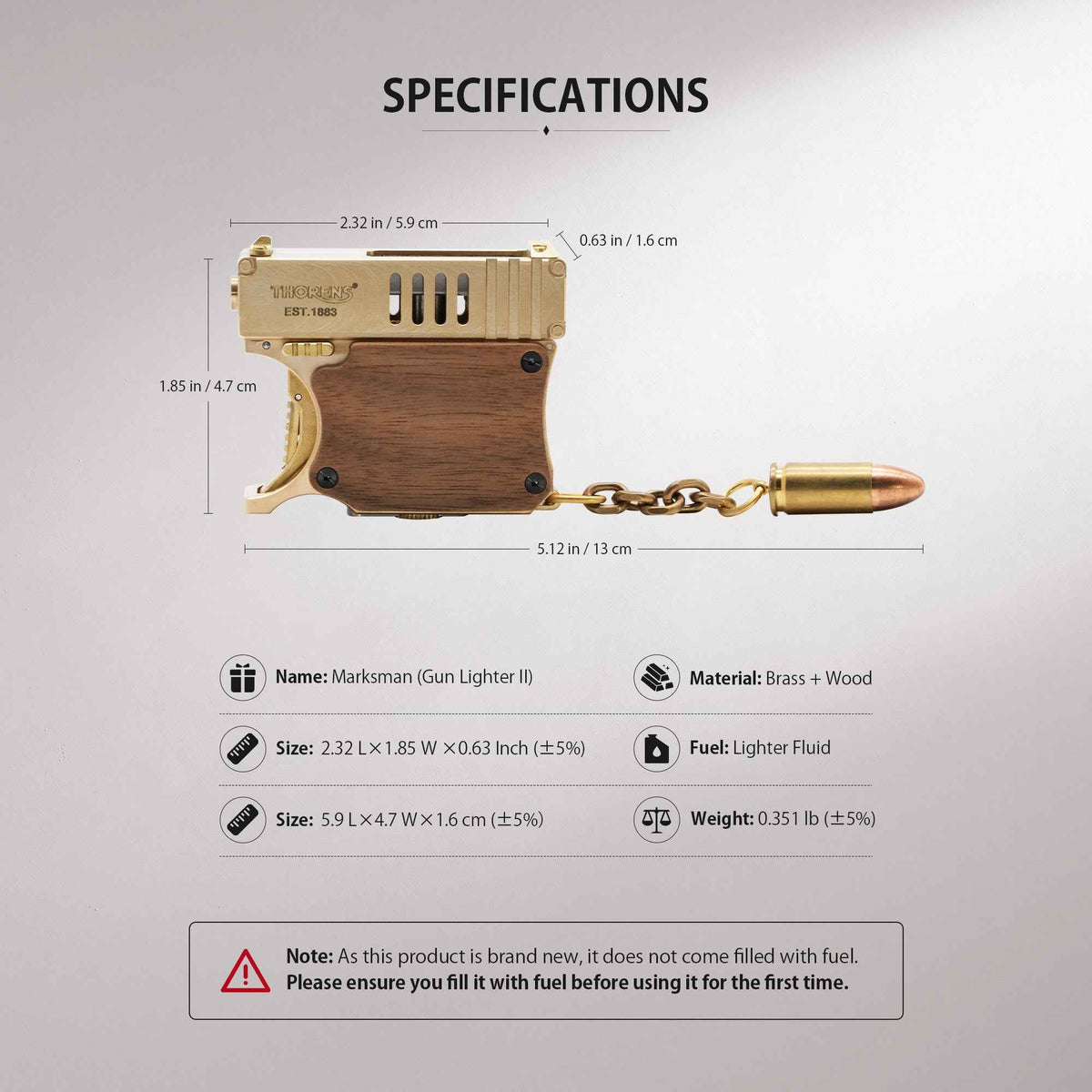 THORENS Marksman (Gun Lighter II) specification sheet showing the solid brass and wood construction with a bullet-shaped chain accessory.