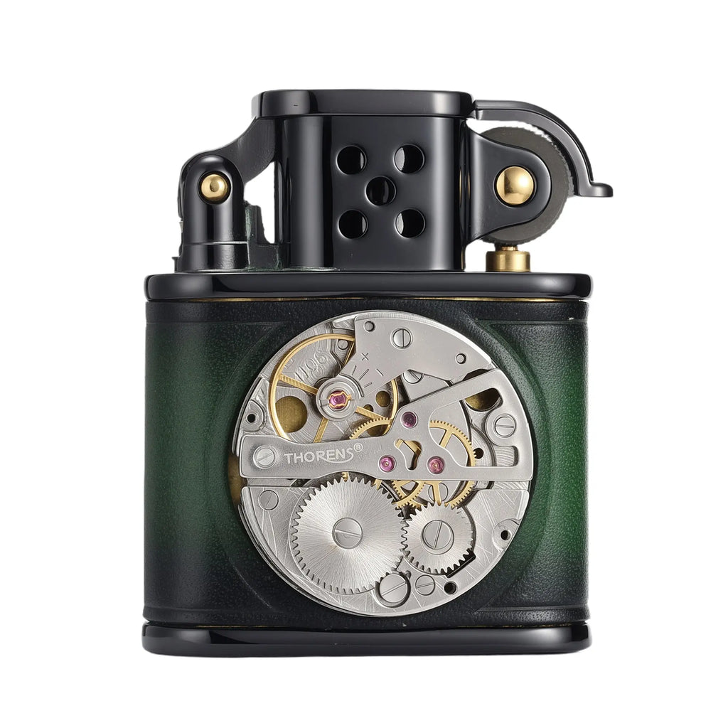 Handmade Cowhide Lighter - Inlaid Mechanical Movement - Green And Black Color THORENS
