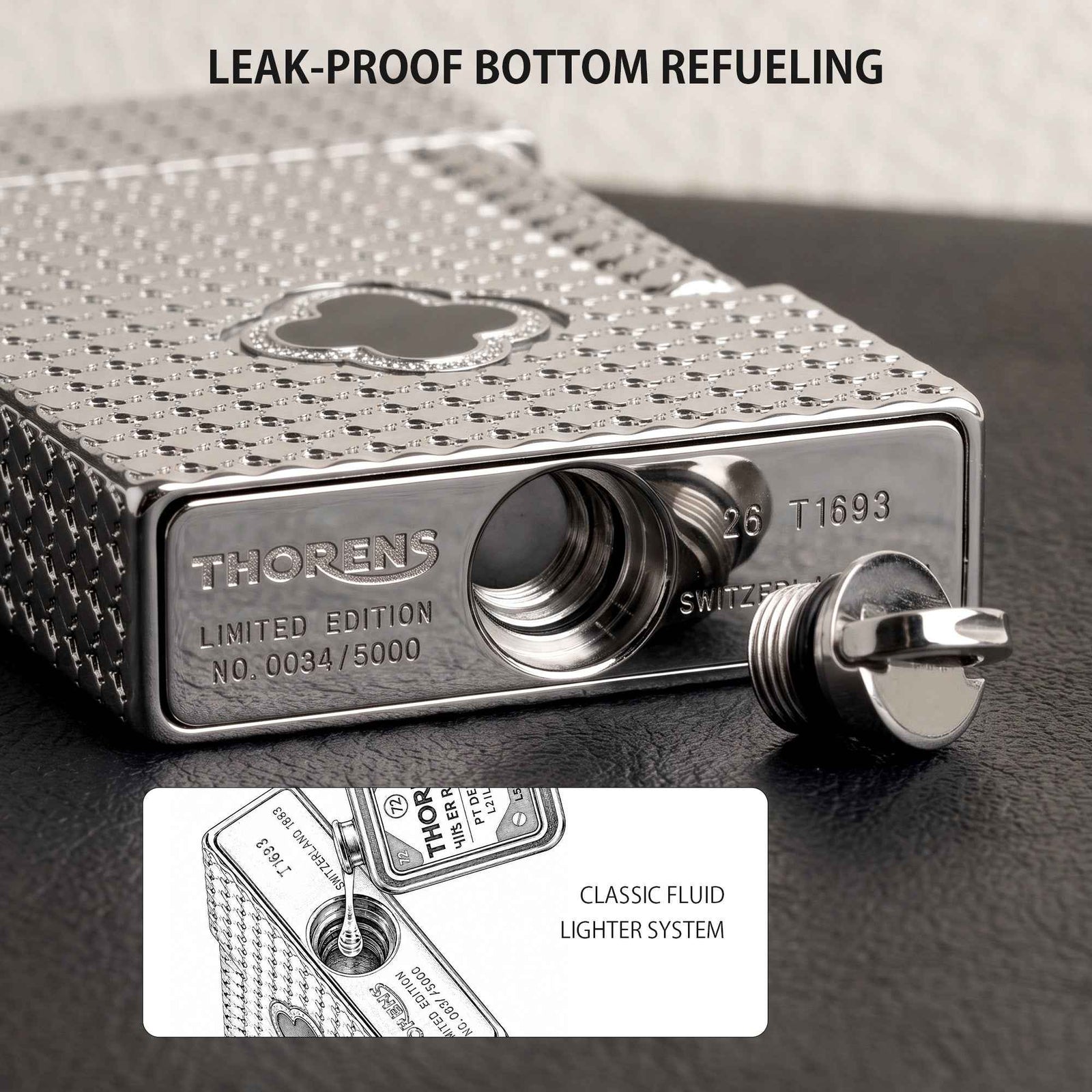 THORENS Clover Monogram Silver – Onyx Clover lighter showing the precision-engineered leak-proof bottom refueling port and screw cap.