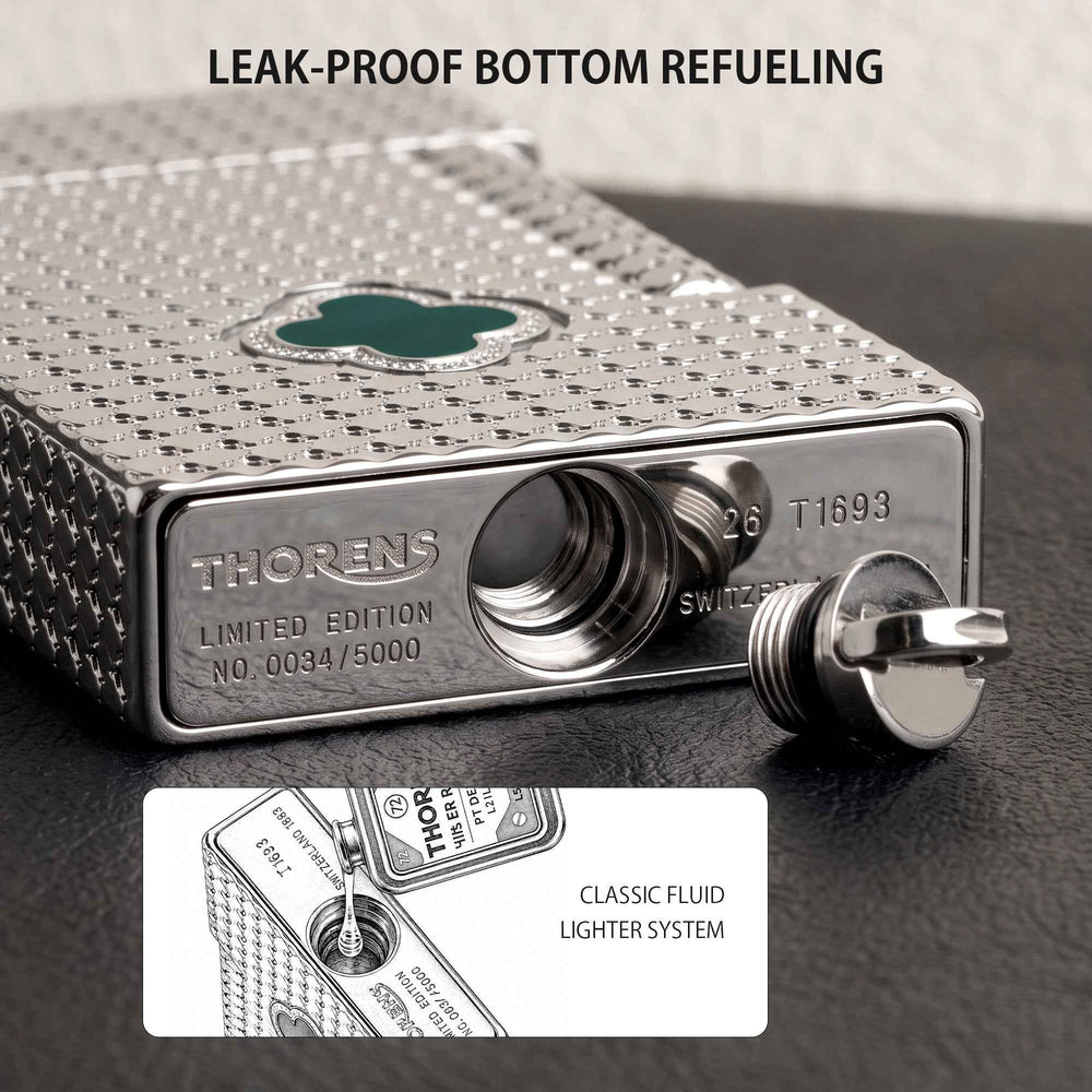 THORENS Clover Monogram Silver – Emerald Clover lighter showing the precision-engineered leak-proof bottom refueling port and screw cap.