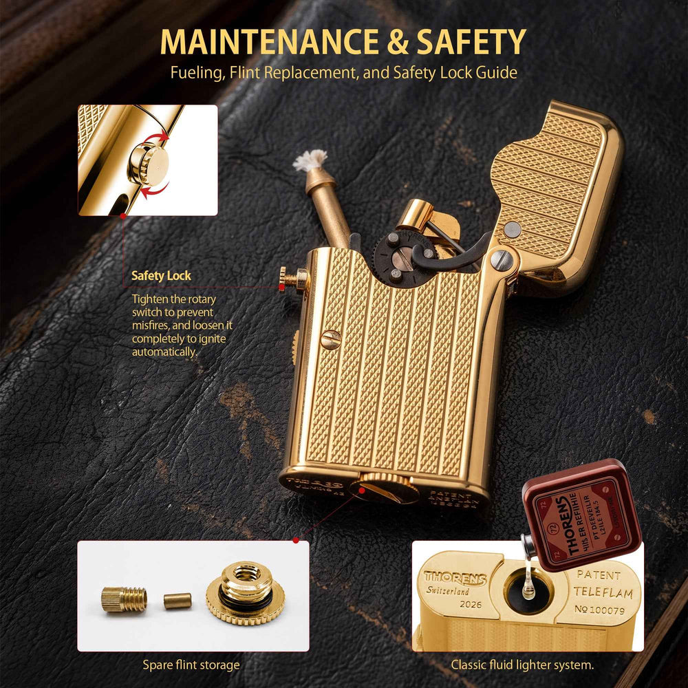 THORENS Gen 7 - Single Claw - TELEFLAM - Fluted Gold lighter maintenance guide showing safety lock, flint storage, and fluid fueling.