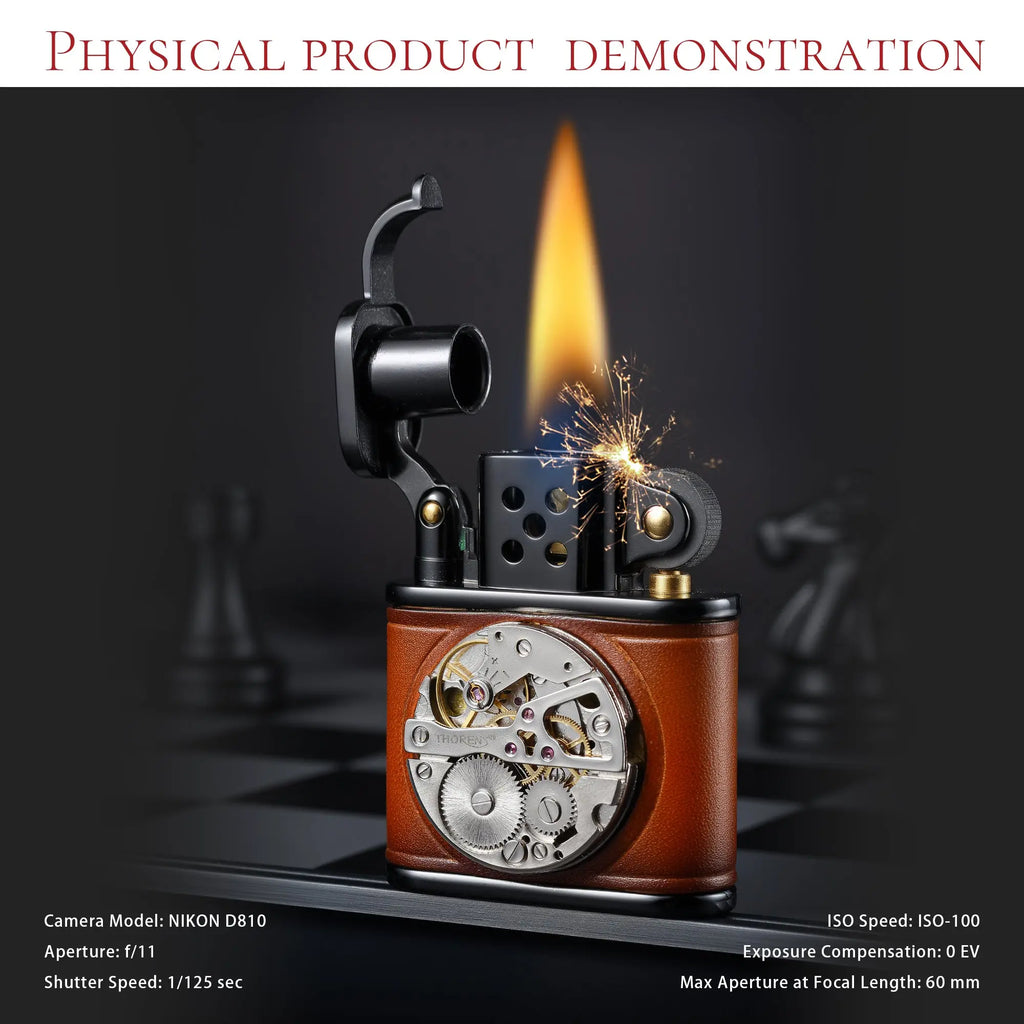 Handmade Cowhide Lighter - Inlaid Mechanical Movement - Brown And Black Color THORENS