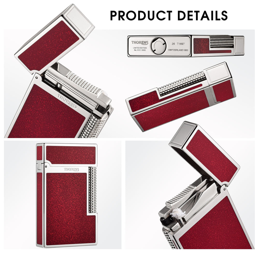 Thorens Scarlet Stardust mechanical lighter featuring a precision-engineered silver frame with red glitter inlays and a textured flint whee…