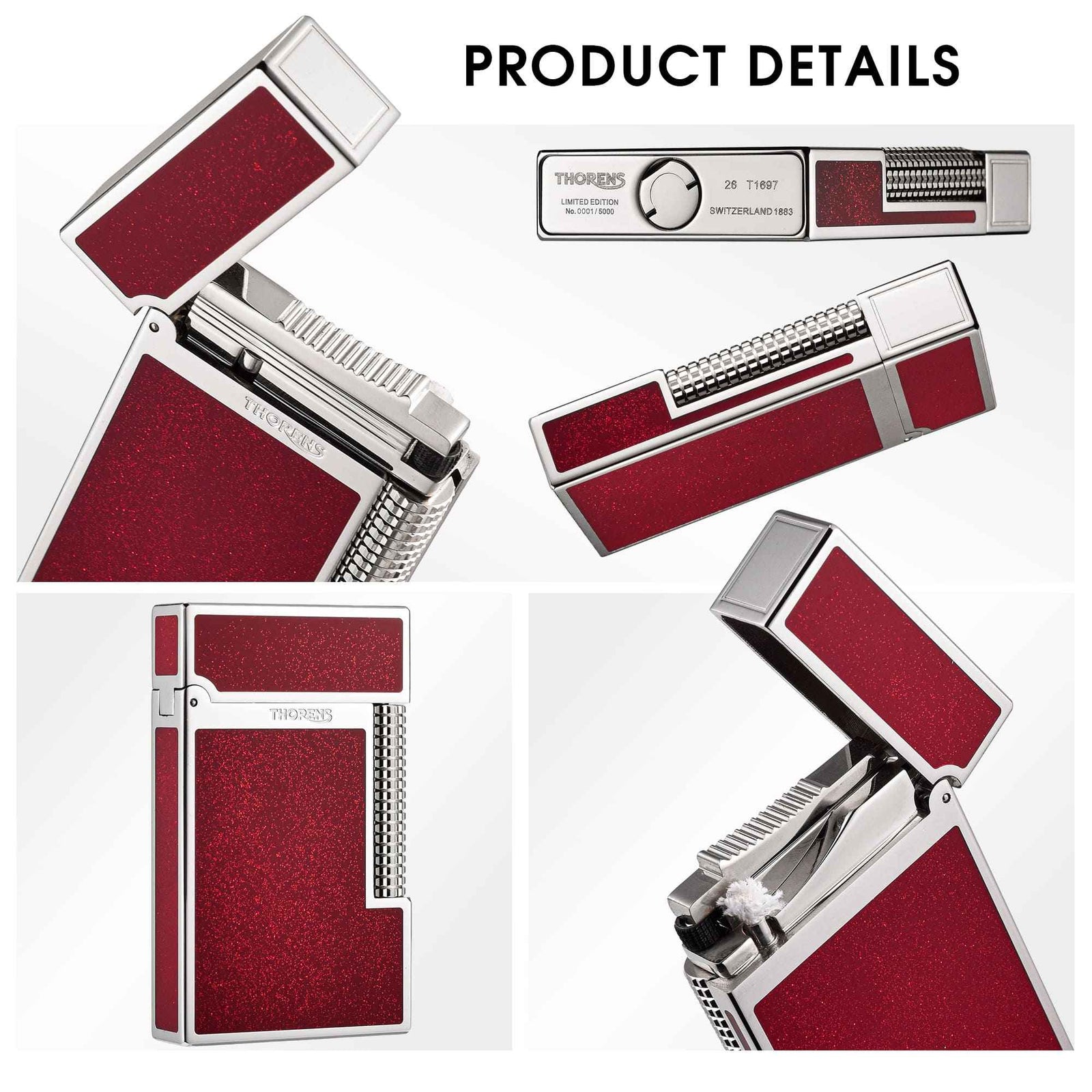 Thorens Scarlet Stardust mechanical lighter featuring a precision-engineered silver frame with red glitter inlays and a textured flint whee…
