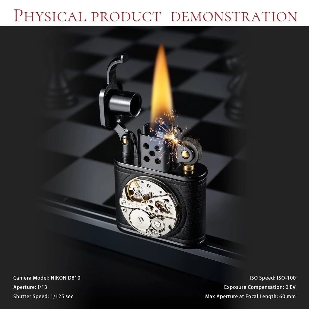 Handmade Cowhide Lighter -  Inlaid Mechanical Movement - Black THORENS