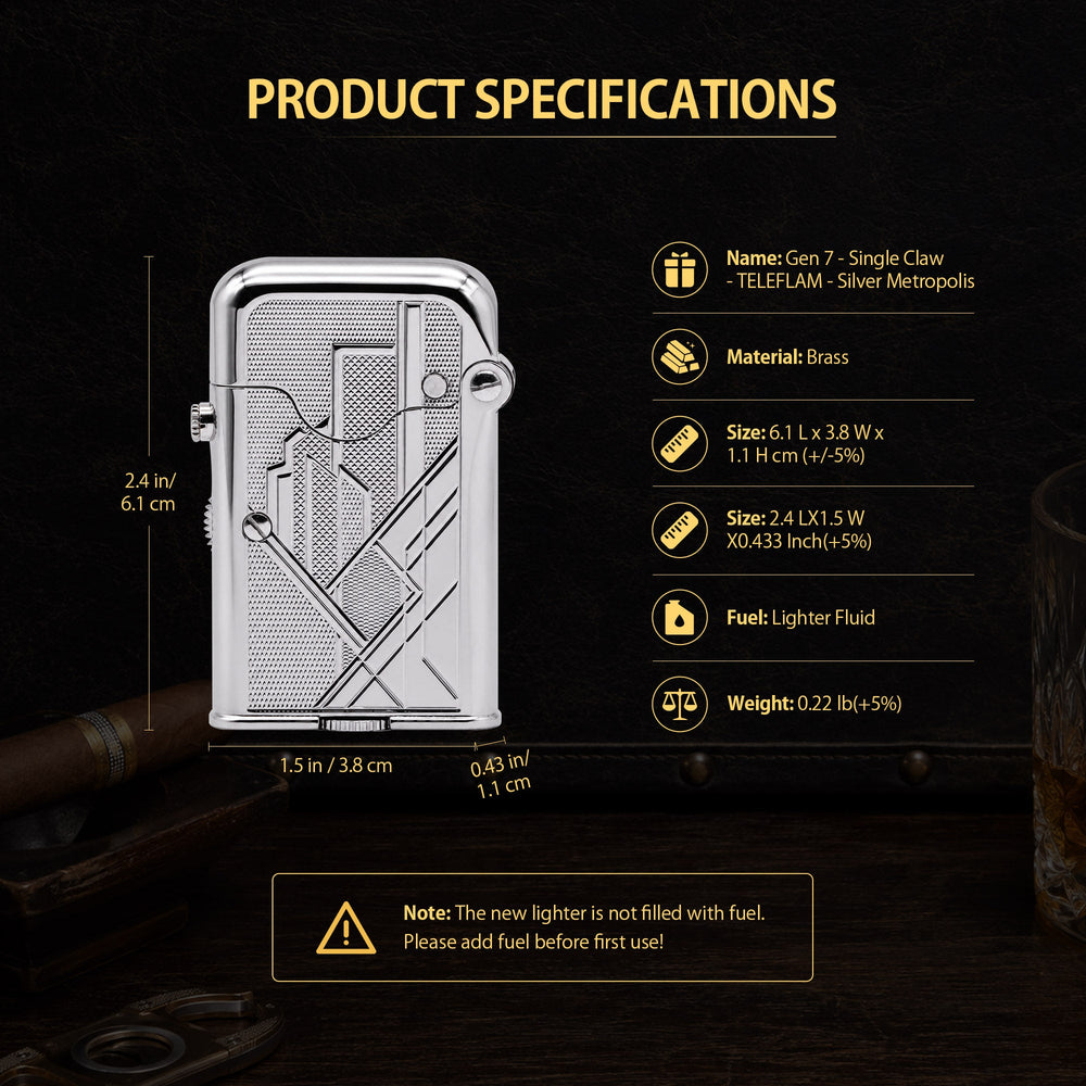 THORENS Gen 7 - Single Claw - TELEFLAM - Silver Metropolis lighter with Art Deco engraving and precision-engineered brass construction.