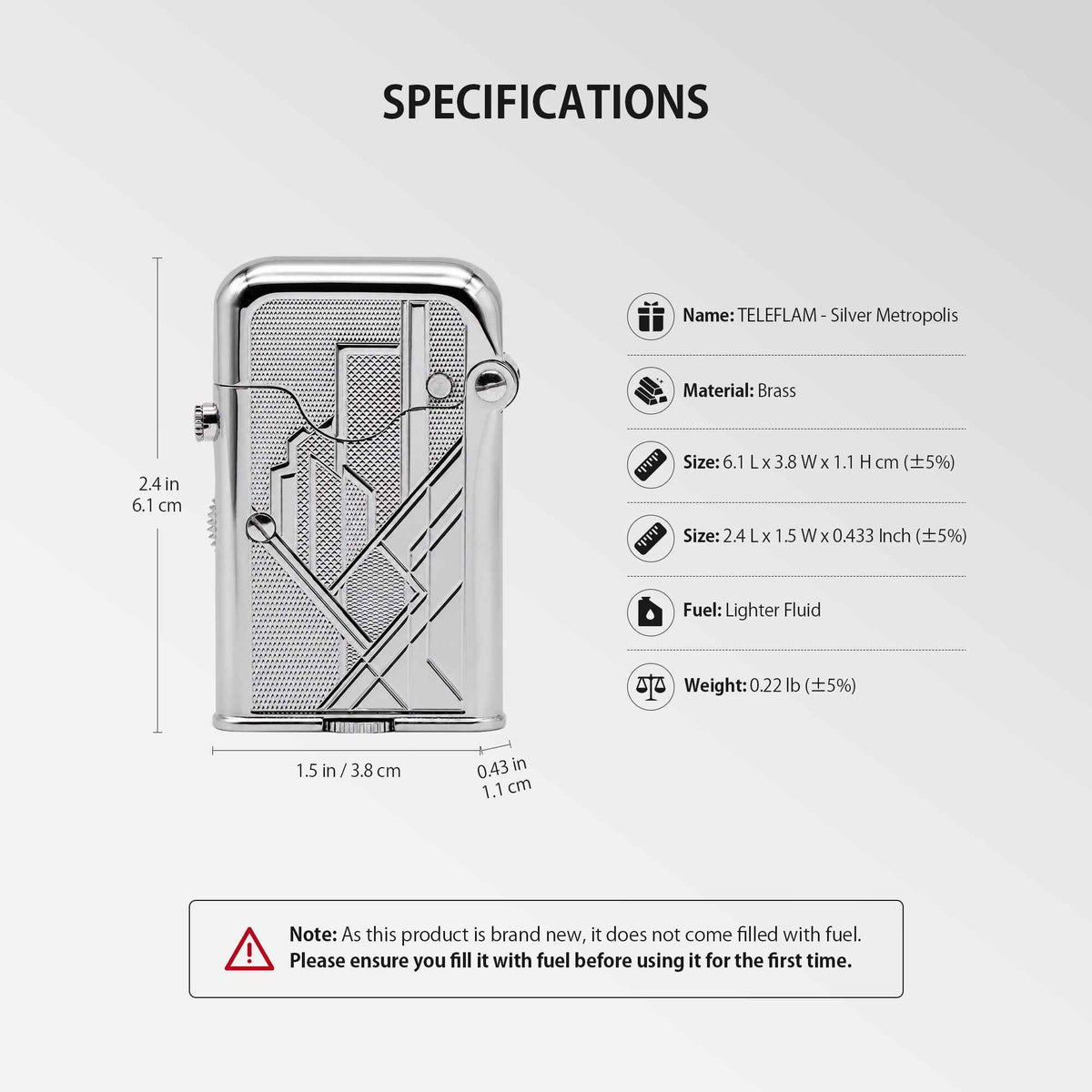 THORENS Gen 7 - Single Claw - TELEFLAM - Silver Metropolis lighter with Art Deco engraving and precision-engineered brass construction.