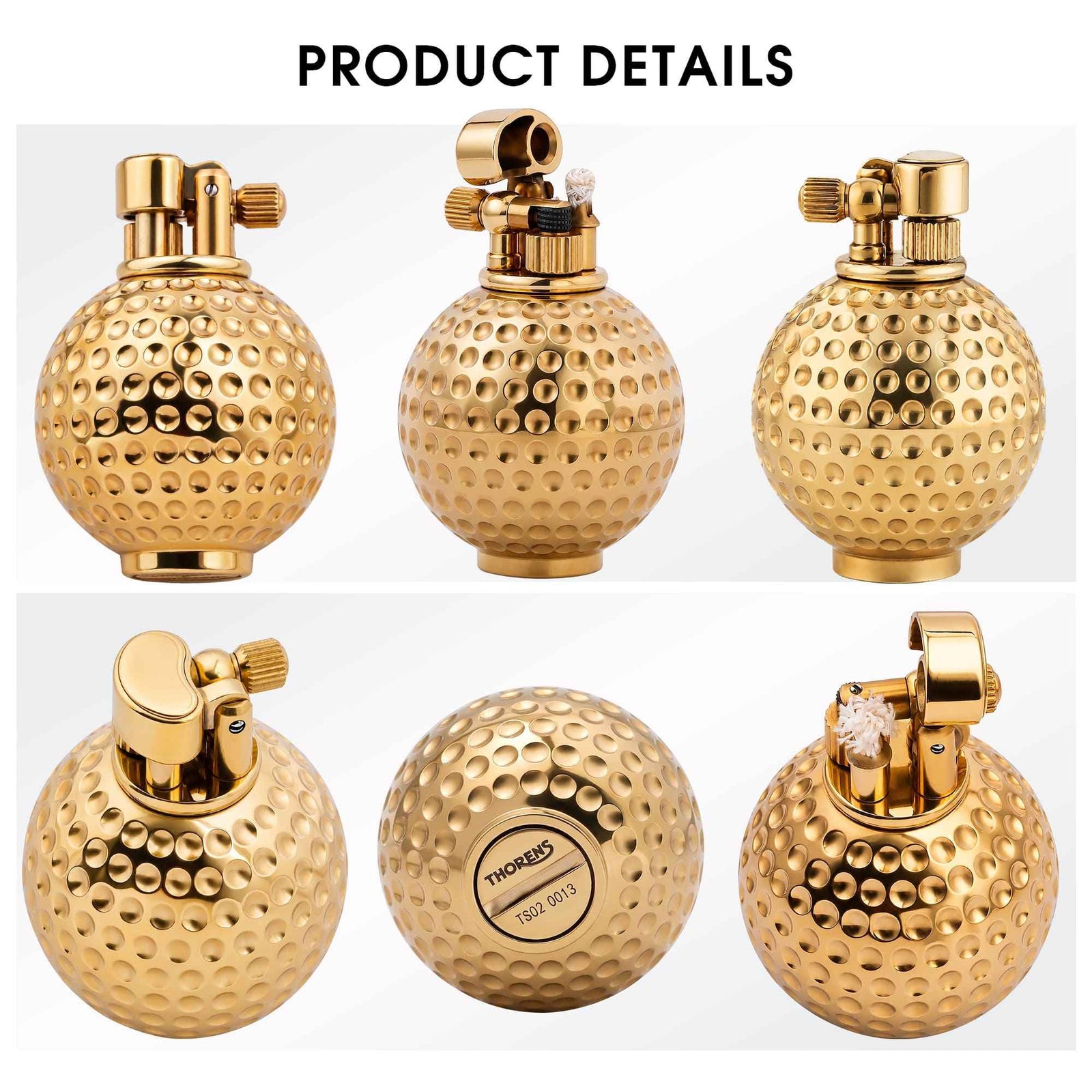 Dimpled Ace golf ball lighter in solid brass featuring a precision-engineered mechanical ignition and tactile dimpled texture.