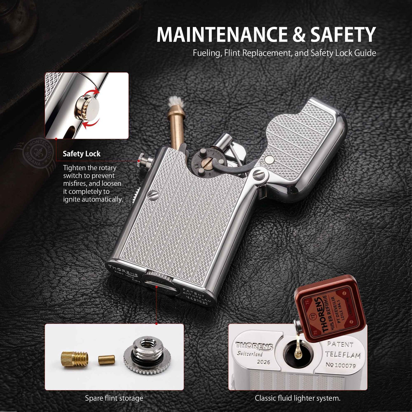 THORENS Gen 7 Single Claw TELEFLAM Fluted Silver lighter maintenance guide showing safety lock, flint storage, and fluid fueling system.