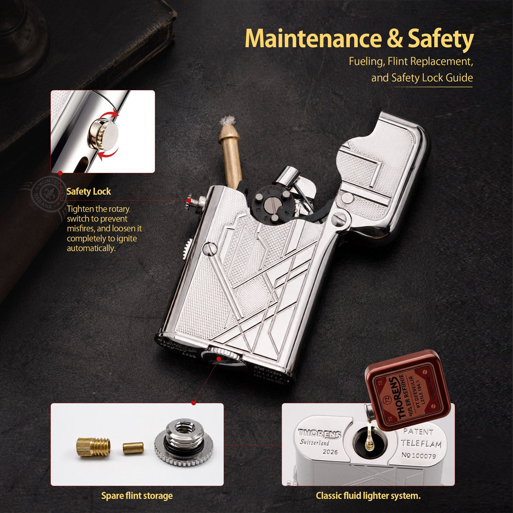 THORENS Gen 7 Single Claw TELEFLAM Silver Metropolis lighter showing safety lock, spare flint storage, and fluid fueling system.