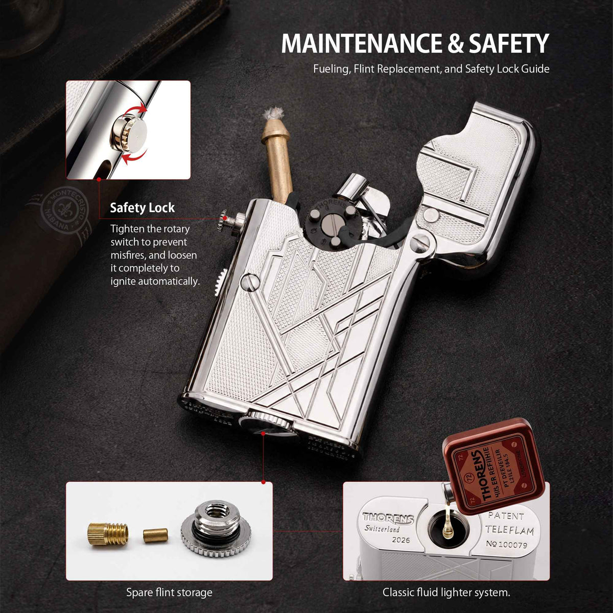 THORENS Gen 7 Single Claw TELEFLAM Silver Metropolis lighter showing safety lock, spare flint storage, and fluid fueling system.