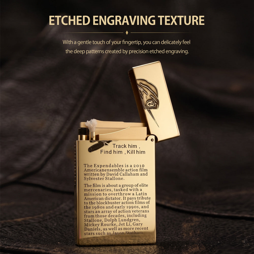 THORENS Crisp Sound - THE EXPENDABLES solid brass lighter featuring precision etched engraving and a mechanical flip- lid.
