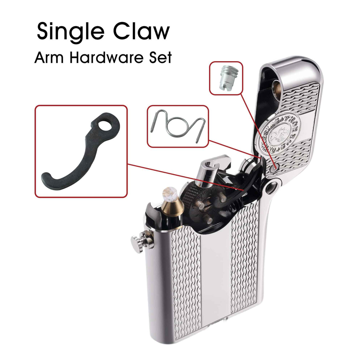 THORENS Single Claw Lighter Replacement Parts and Care Accessories showing precision-engineered arm hardware, spring, and screw components.