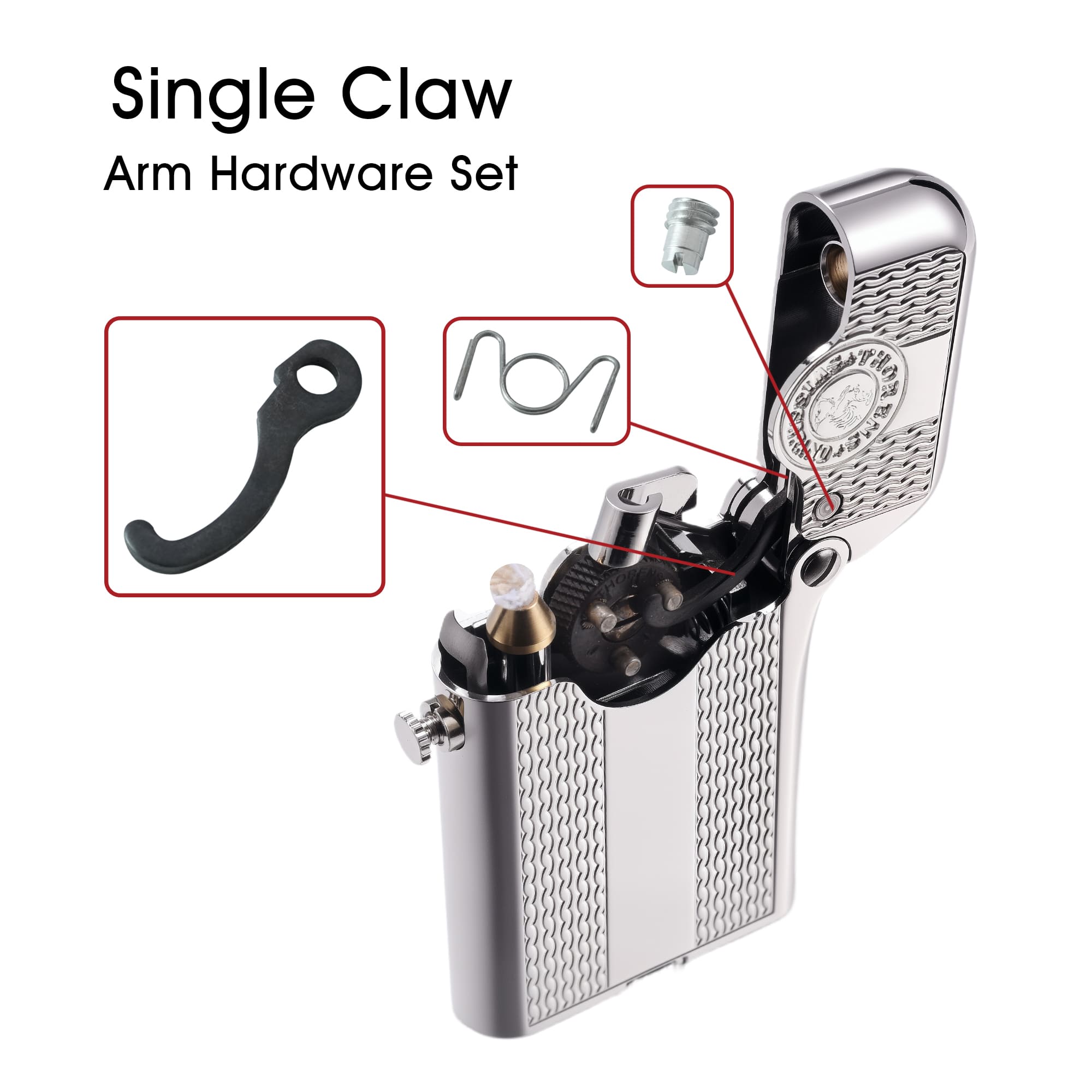 THORENS Single Claw Lighter Replacement Parts and Care Accessories showing precision-engineered arm hardware, spring, and screw components.