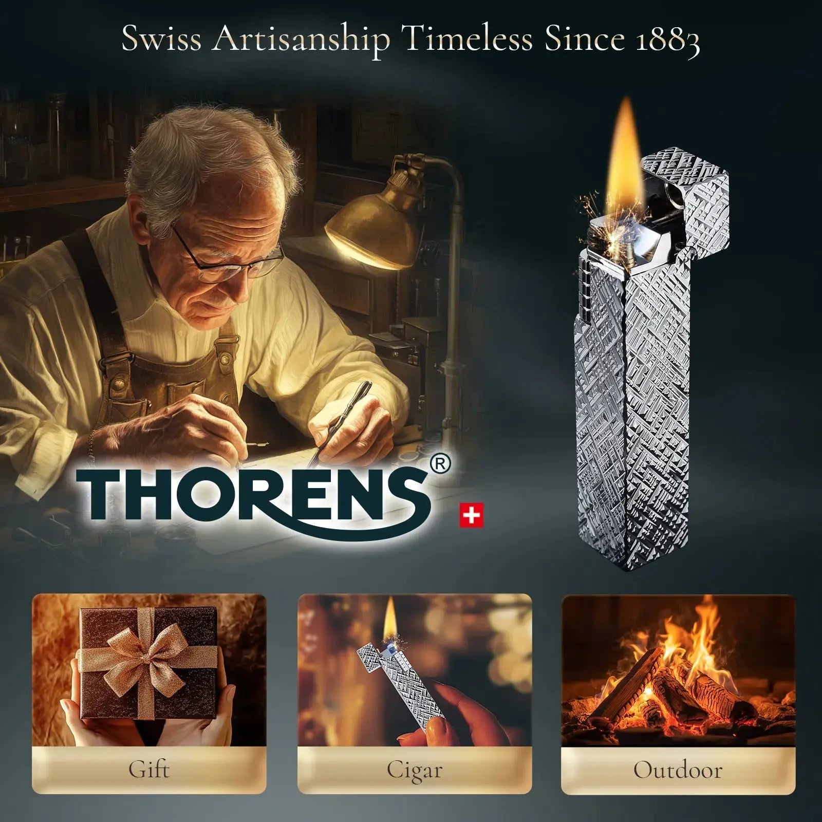 Side Slip - Rectangular Lighter - Silver Carving THORENS