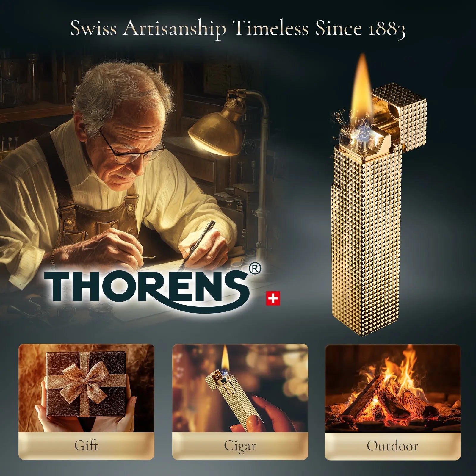Side Slip - Rectangular Lighter - Small Square - Gold THORENS