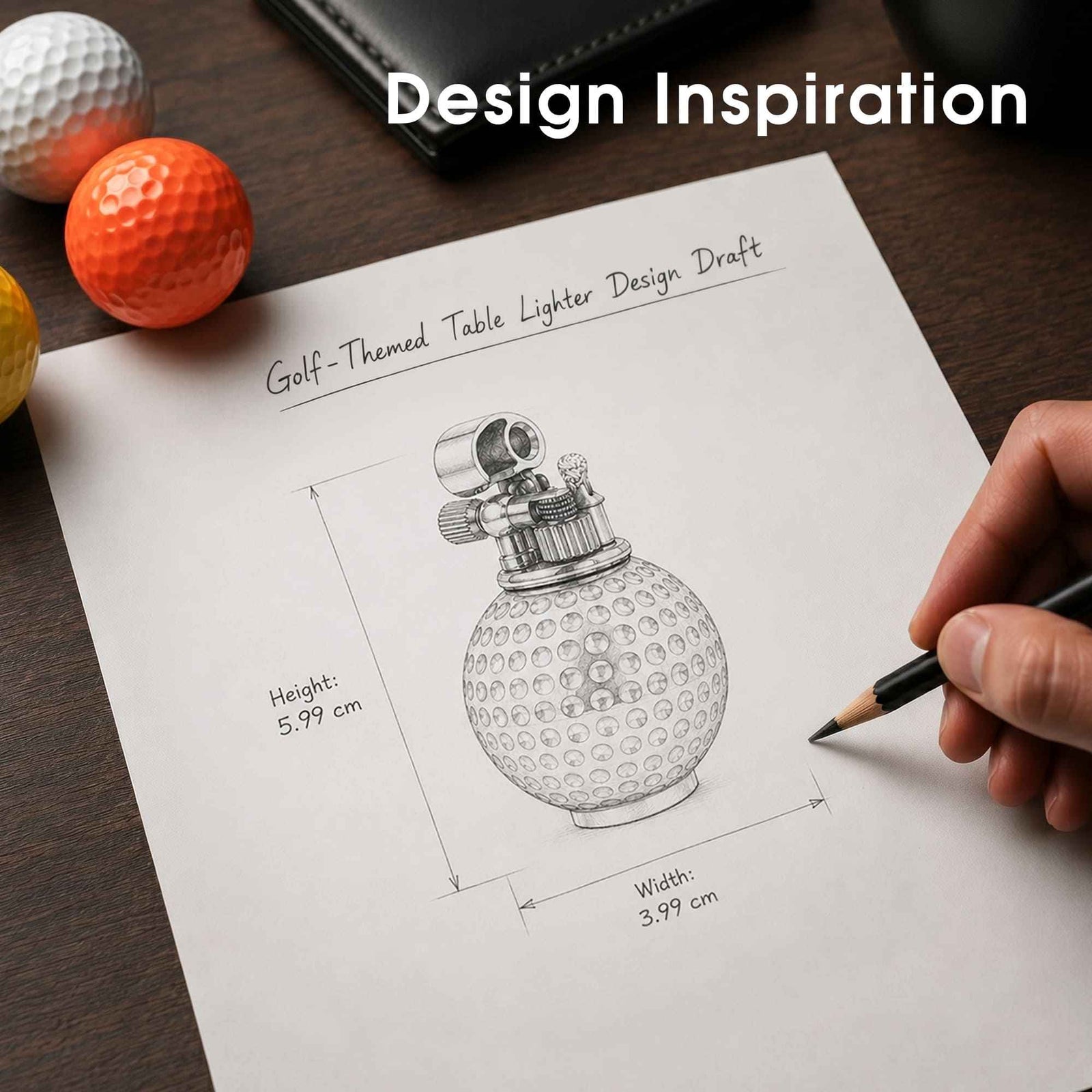 Technical design draft of the Dimpled Ace golf-themed table lighter featuring a dimpled sphere base and exposed mechanical ignition.