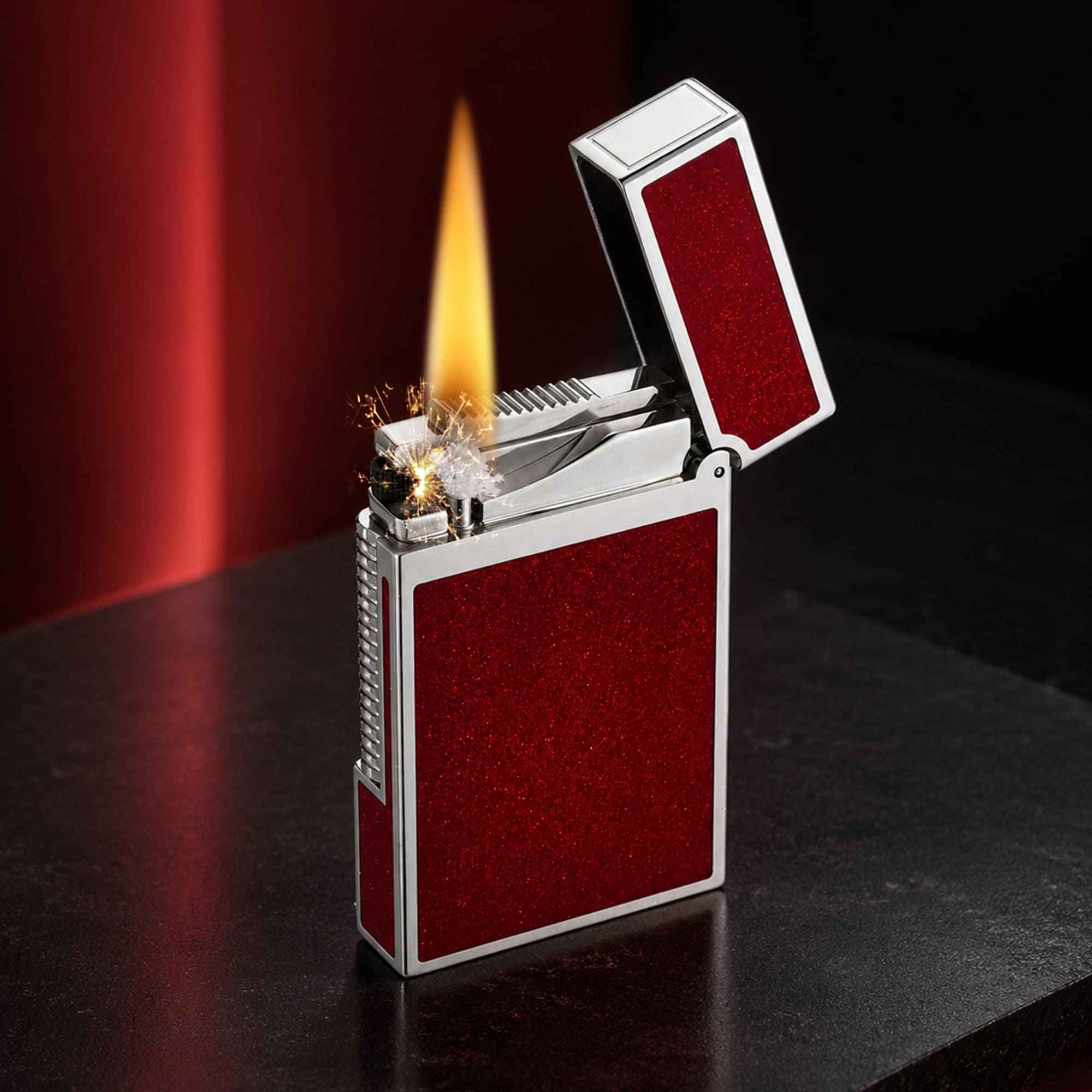 Red Silver Side-Slide Fluid Lighter, Refillable Brass EDC Gift