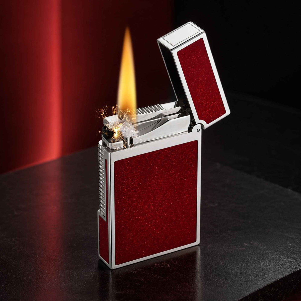 THORENS Crisp Sound - Scarlet Stardust lighter with a precision-engineered flip-, red glitter finish, and automatic mechanical ignition.